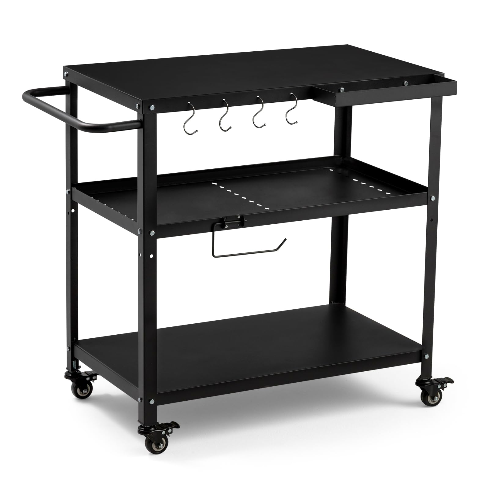 **Premium Outdoor Grill Cart Table with Pizza Oven - Heavy Duty Black BBQ Stand with 4 Locking Casters, Hooks & Side Handle - Perfect for Backyard, Patio & Camping Cooking**