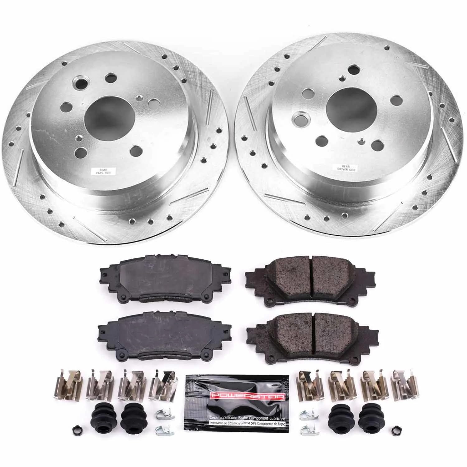Power Stop K6930 Rear Z23 Carbon Fiber Brake Pads with Drilled & Slotted Brake Rotors Kit - Compatible with Lexus IS250 2014-2015 | High-Performance Braking | Perfect for Daily Driving & Performance Upgrades