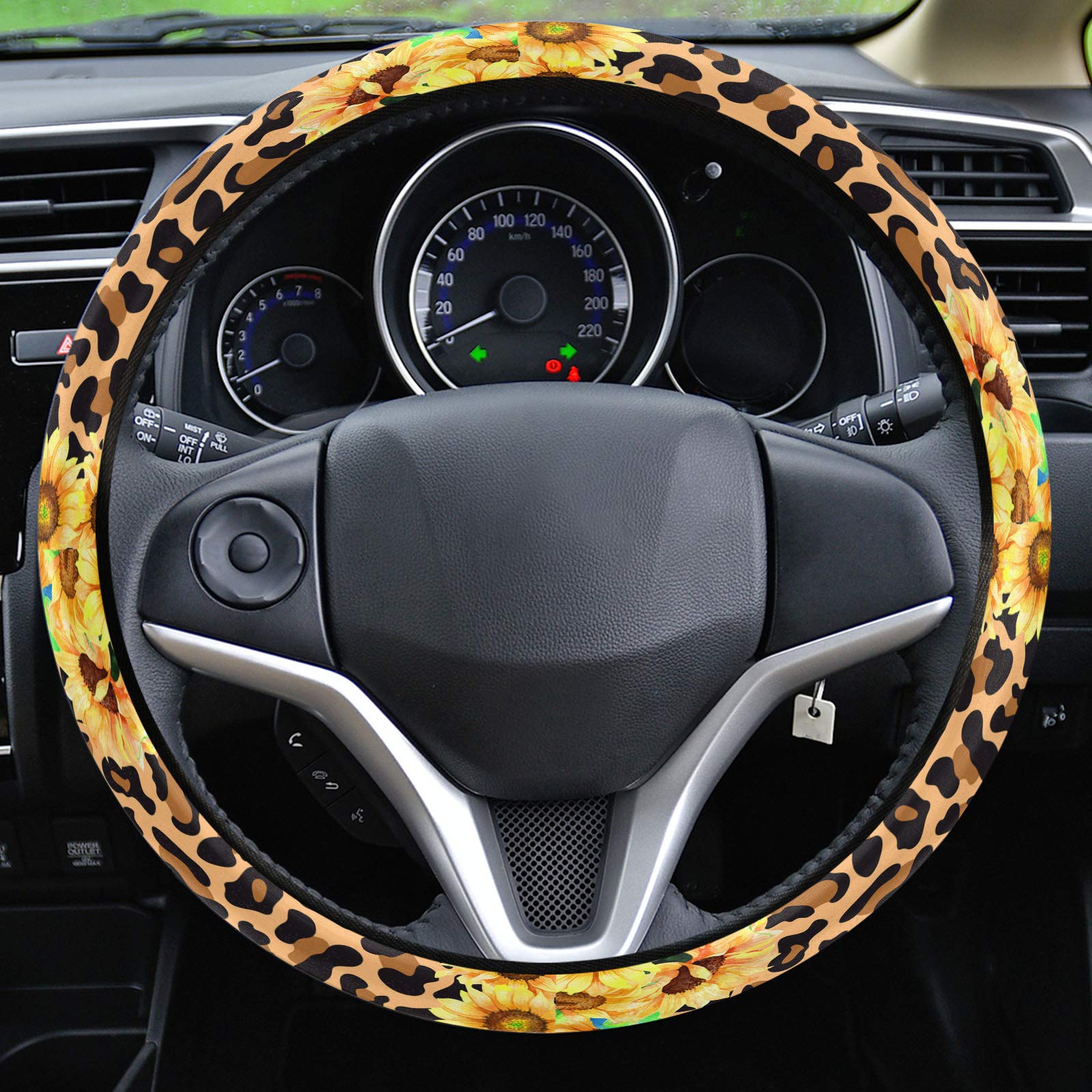 Sunflower Leopard Print Steering Wheel Cover - Universal Quick Release Anti-Slip Car Wheel Protector for Women & Men - Fits Truck, SUV, Sedan - Wild Panthera Skin Pattern for Style & Comfort While Driving