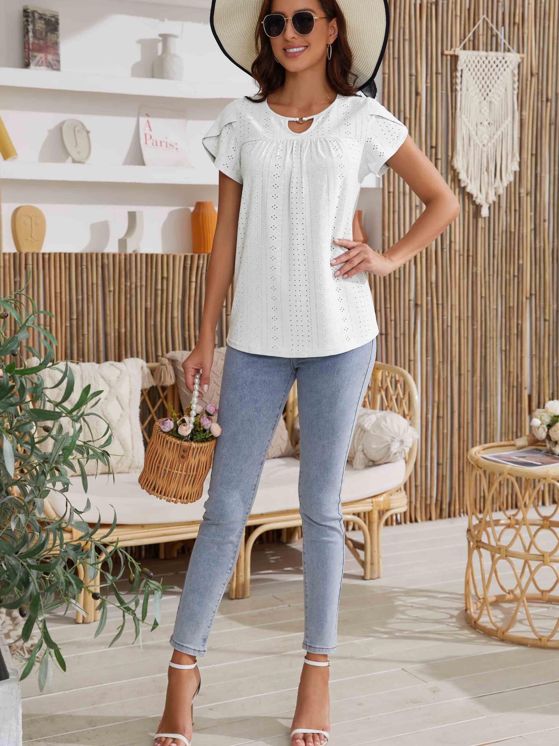 Women's Casual Short Sleeve Pleated Blouse with Petal Sleeves - Loose Fit Tunic Top for Work, Office, and Summer Outings