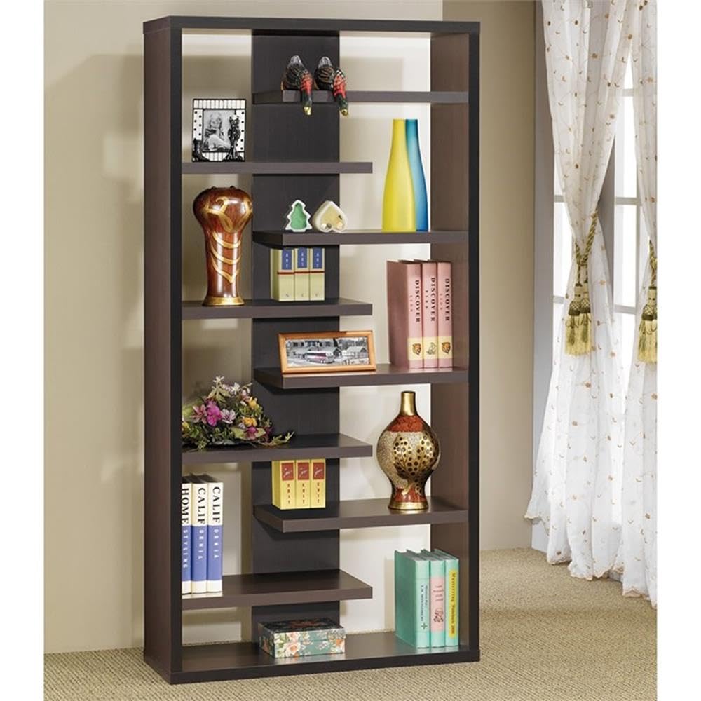 BOWERY HILL 8-Tier Staggered Shelf Bookcase in Cappuccino - Stylish Wooden Storage for Books, Decor & More - Perfect for Living Room, Bedroom or Home Office