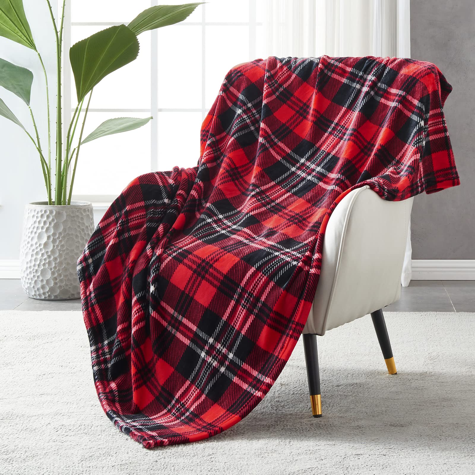 SOCHOW 90x90 Inch Flannel Fleece Throw Blanket - Soft Plaid Red & Grey All-Season Blanket for Bed, Couch, Car - Perfect for Cozy Nights, Movie Time & Travel Comfort