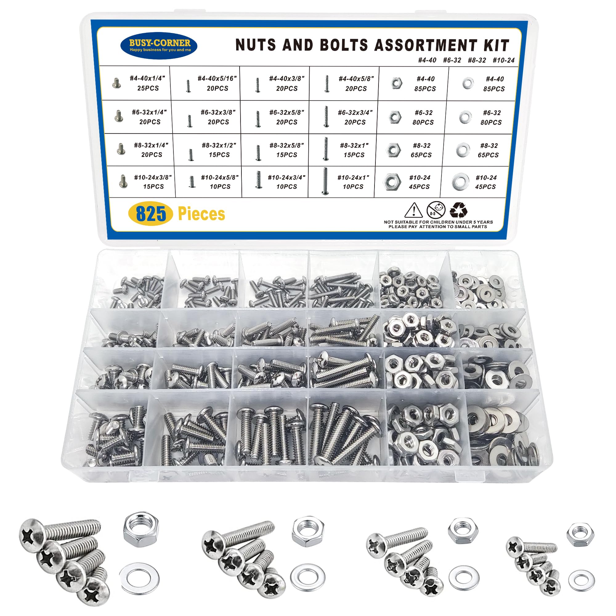 825Pcs Stainless Steel Machine Screws Assortment Kit - #4-40, #6-32, #8-32, #10-24 Phillips Pan Head Bolts with Nuts & Washers - Perfect for DIY Projects, Home Repairs, and Automotive Maintenance