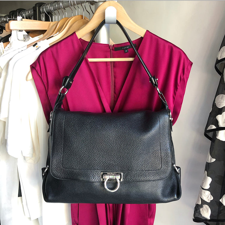 Ferragamo Black Grained Leather Sofia Hobo Bag for Women | Luxury Designer Shoulder Purse | Perfect for Work, Travel & Evening Events