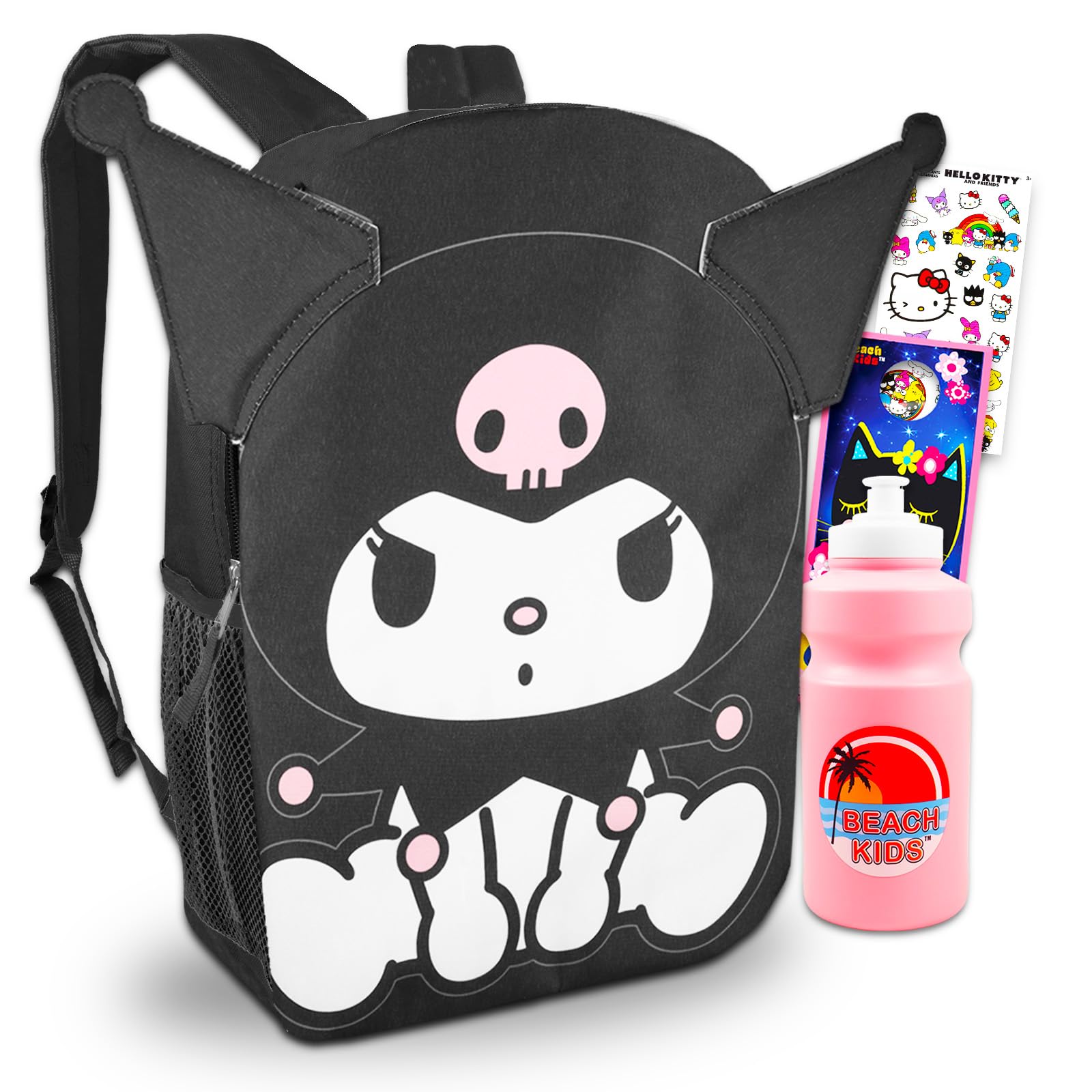 Kuromi Backpack for Girls 16 Inch - Cute Anime School Backpack with Hello Kitty Stickers & Accessories | Perfect for School, Travel, and Kawaii Fashion | Hello Kitty and Friends Collection