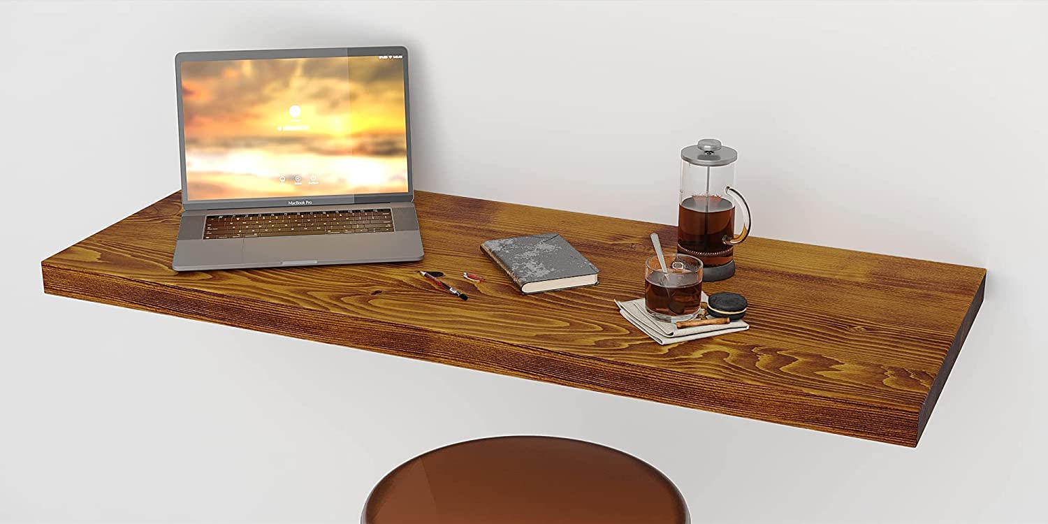 Wall Mounted Floating Desk - Foldable Space Saving Table for Small Spaces, Kitchen Counter, Laundry Shelf & Home Office (40x16 Inch, Rustic Aged Oak) - Perfect for Apartments, Dorms & Tiny Homes