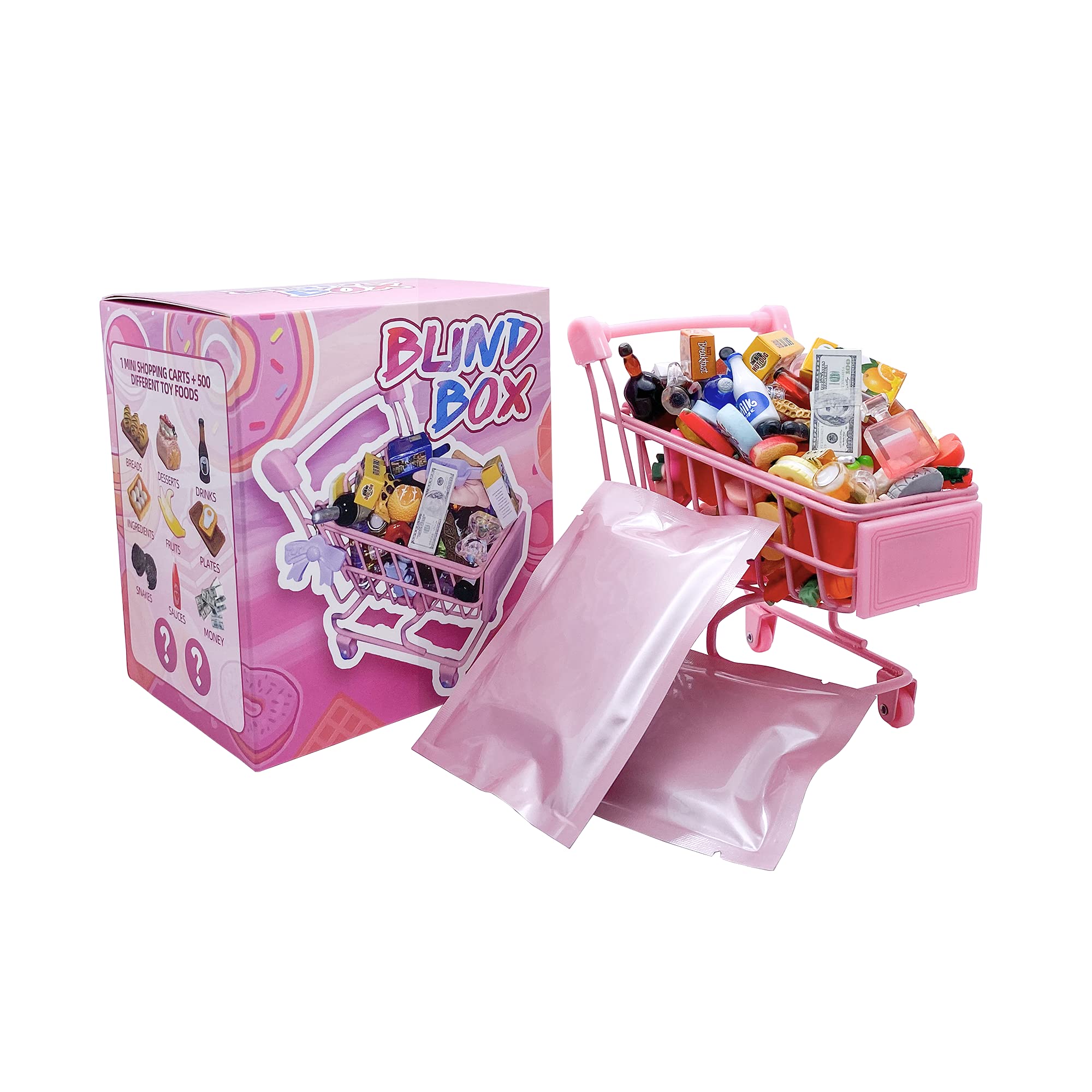 Aumer Mini Shopping Cart Toy Set with Play Food, Grocery Items, Drinks & Desserts - Pretend Play Kitchen Accessories for Kids, Dollhouse & Role Play - Perfect for Learning, Imaginative Play & Toddler Educational Games