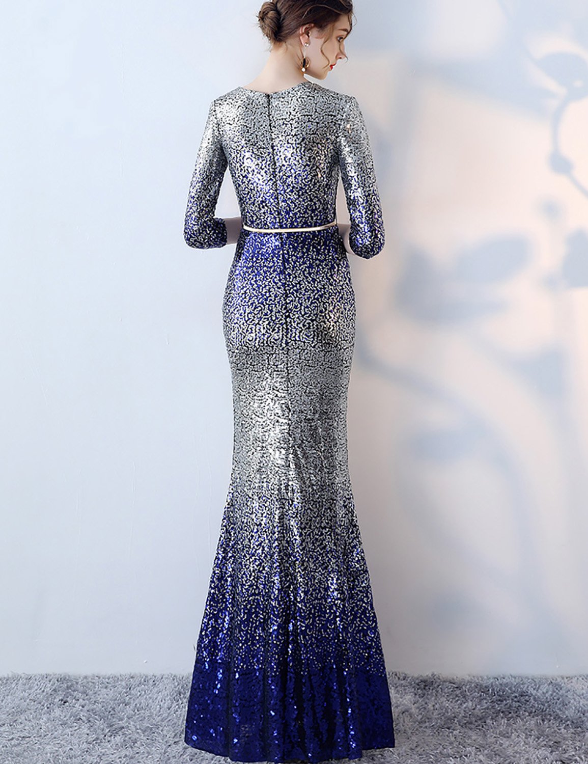 Gradient 2018 Long Sexy Sequin Evening Dress with Sleeves - Elegant Formal Celebrity Gown EV619 for Prom, Wedding, Red Carpet & Special Occasions