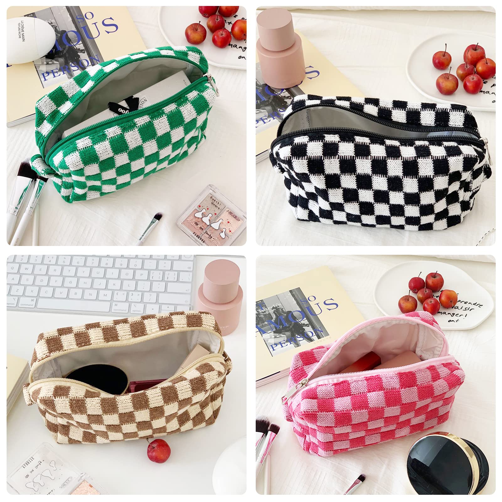 4 PCS Checkered Makeup Bags for Women - Large Capacity Cosmetic Organizer Pouch, Plaid Travel Toiletry Bag for Makeup Brushes & Pencils Storage | Perfect for Travel, Gym & Daily Beauty Essentials