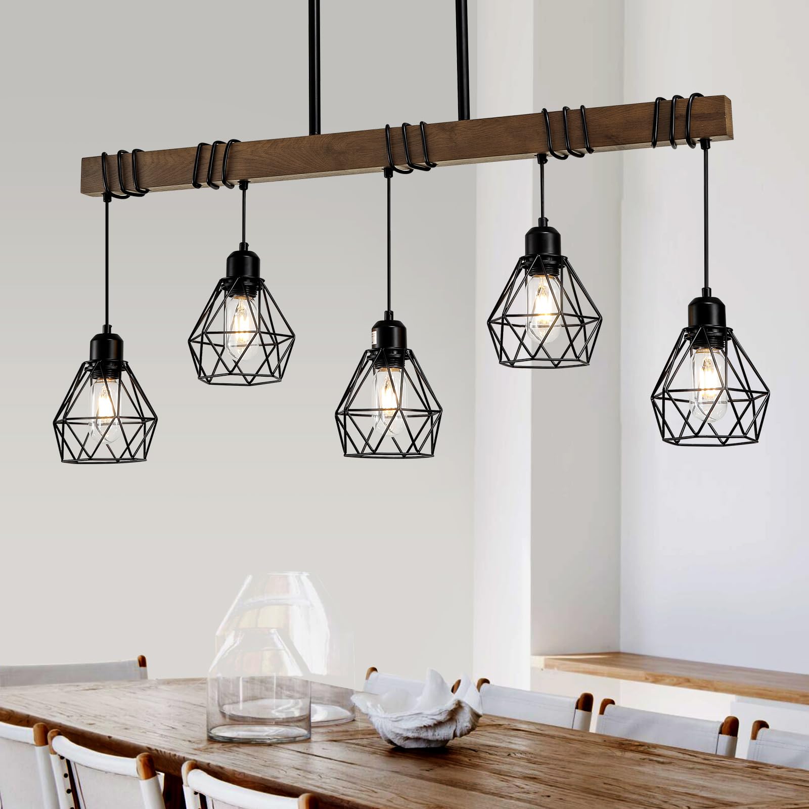 5-Light Farmhouse Linear Chandelier - Matte Black Rustic Wood Ceiling Pendant Light with Metal Lampshade for Kitchen Island, Dining Room Table | Modern Farmhouse Decor Lighting Fixture