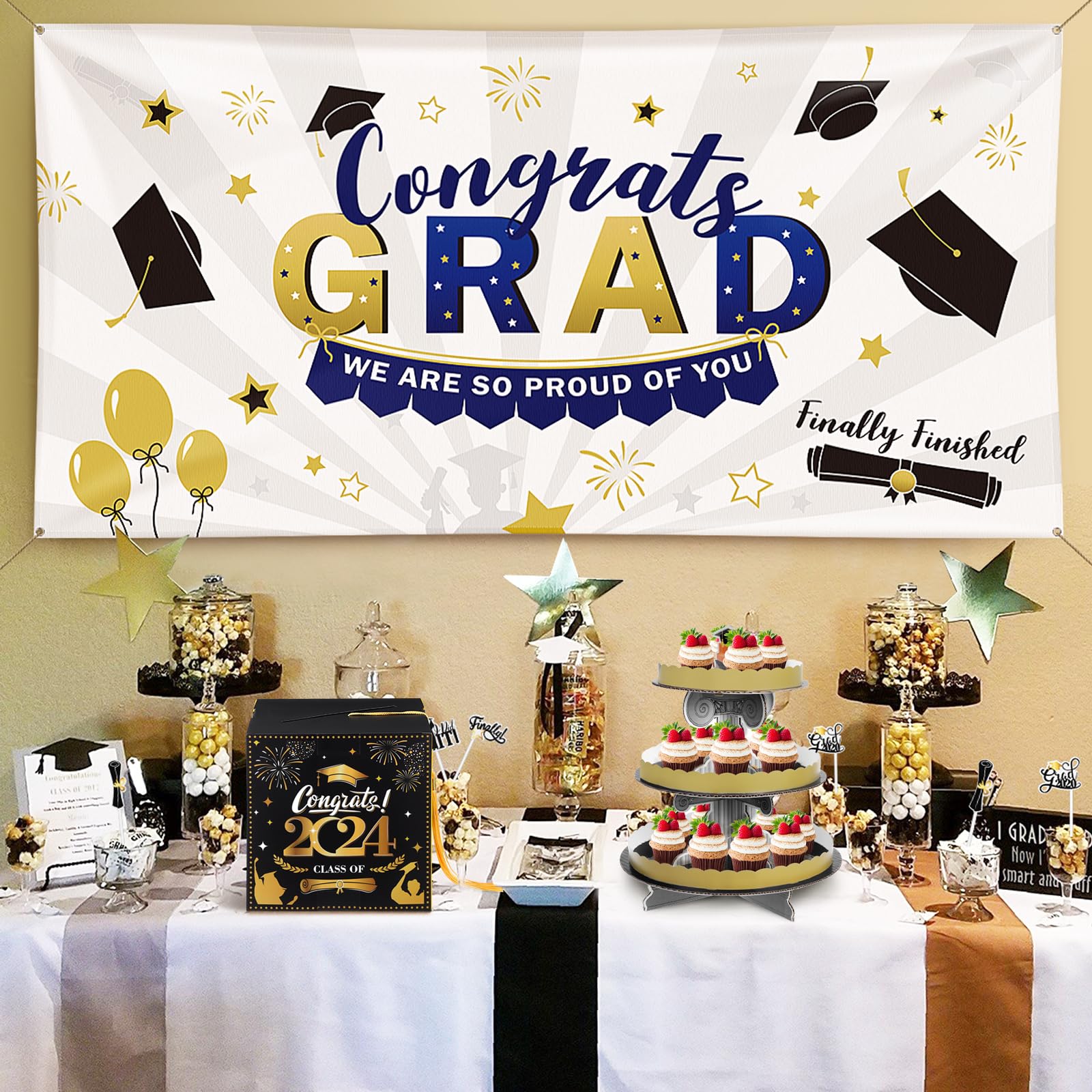 2024 Graduation Cap Shaped Card Holder Box - Elegant Black & Gold Graduation Party Decor for Congrats Grad Party Favors & Graduation Supplies | Perfect for Graduation Ceremonies, Open House Events & Photo Booth Backdrops