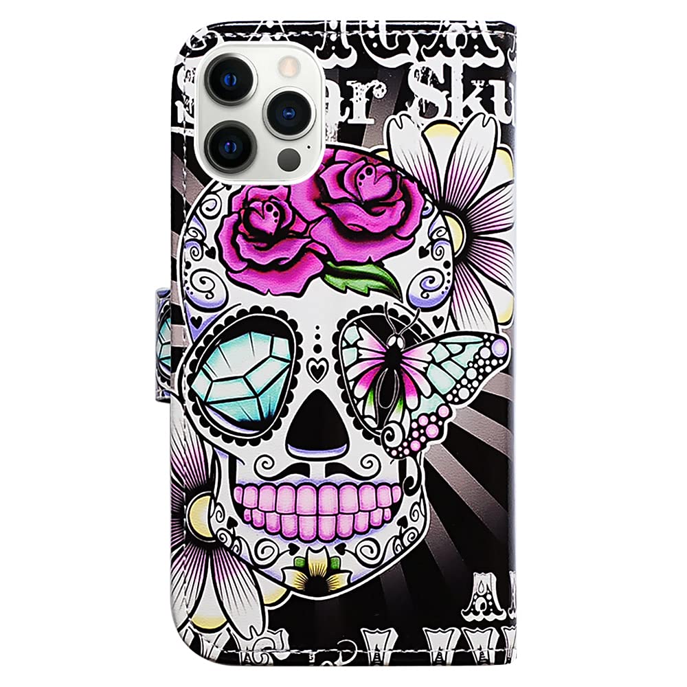 Premium Purple Flower Sugar Skull Leather Flip Wallet Case for iPhone 13 Pro Max - Card Slot Holder & Kickstand | Stylish Protective Cover for Everyday Use & Travel