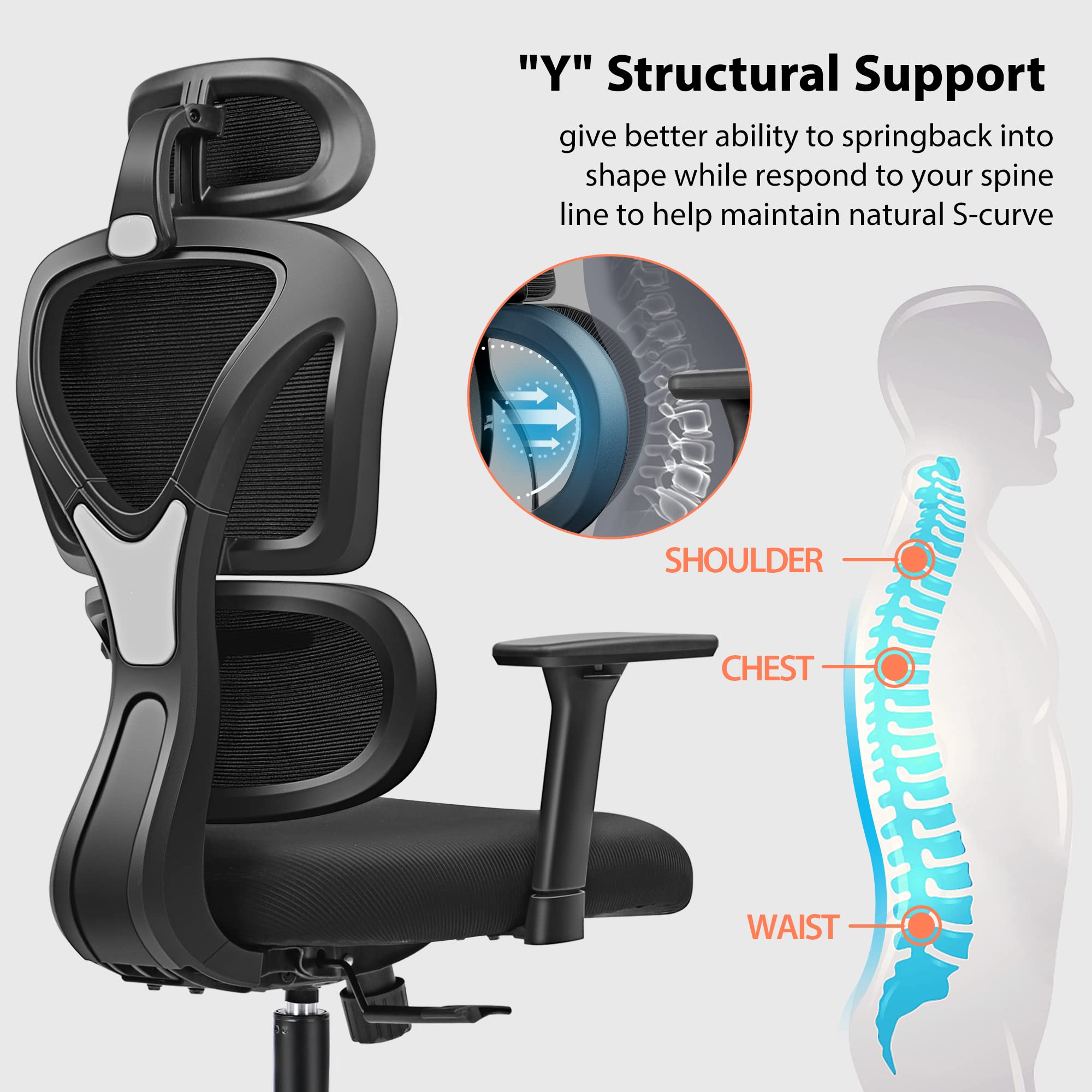 FelixKing Ergonomic Office Chair - High Back Mesh Computer Chair with Adjustable Lumbar Support, Headrest & Armrests - Comfortable Gaming & Desk Chair for Home, Office & School (Black) - Perfect for Long Work Hours, Online Classes & PC Gaming Sessions