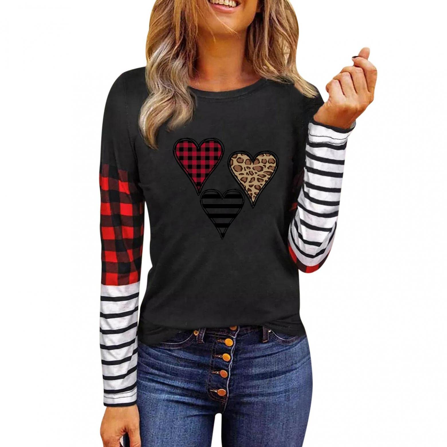 Valentine's Day Long Sleeve T-Shirts for Women - Romantic Heart Print Crewneck Slim Fit Tunic Tops | Perfect for Date Night, Gift Giving & Casual Wear