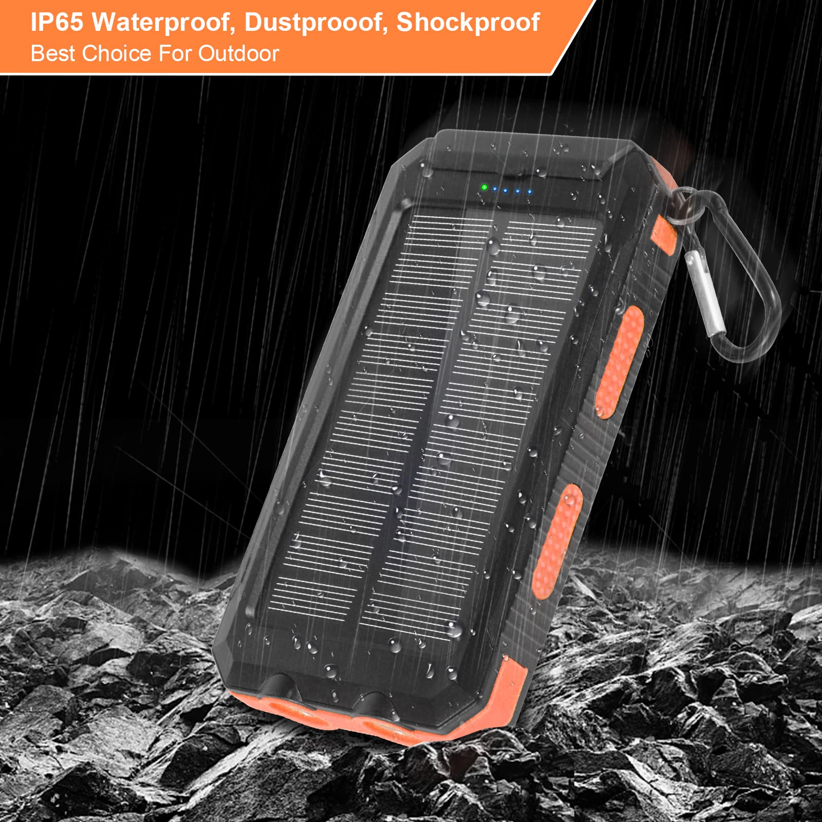 Annero 20000mAh Solar Power Bank - Waterproof Portable Solar Phone Charger with Dual USB Ports & LED Flashlight | Compatible with iPhone, Android & USB Devices | Perfect for Camping, Hiking & Emergency Power Backup