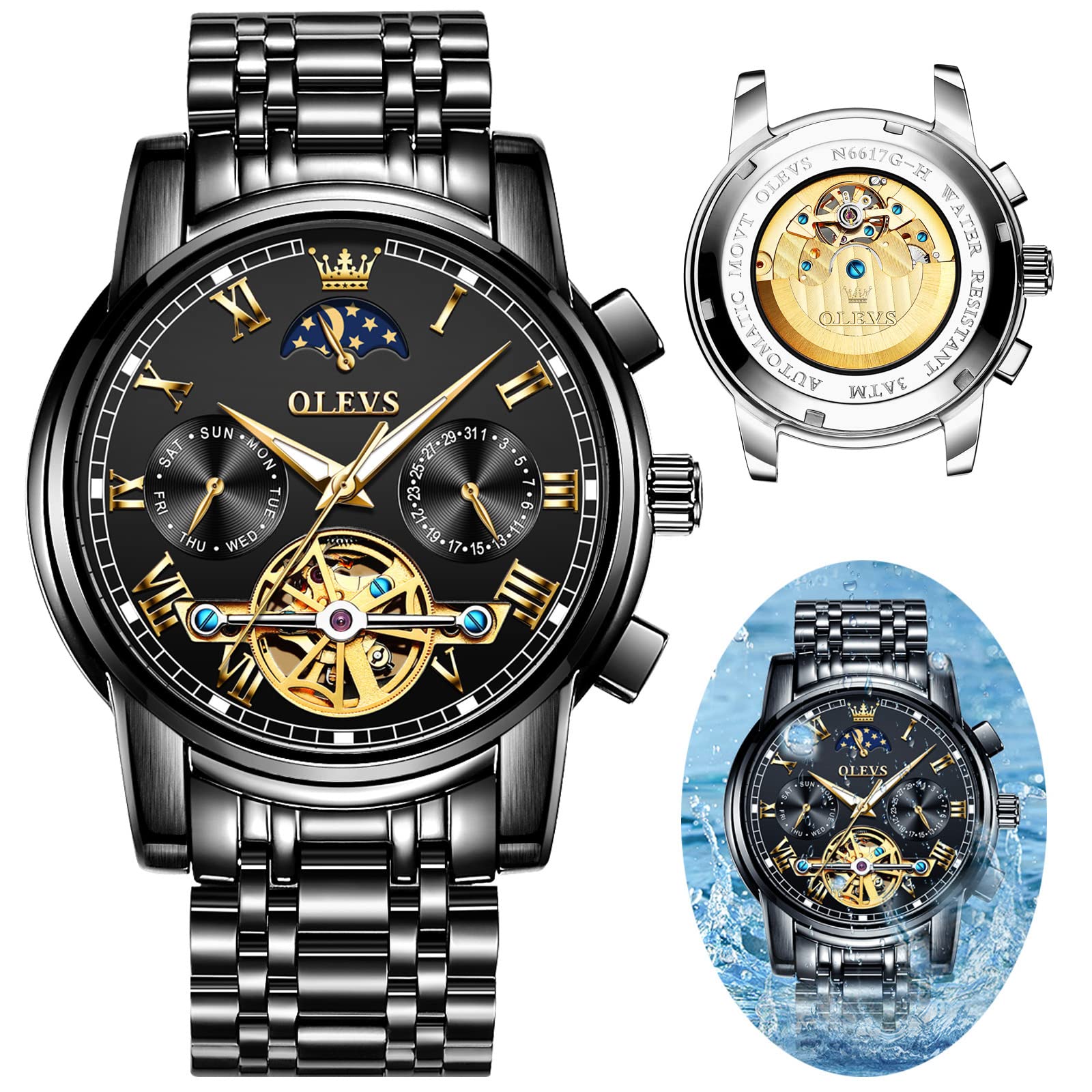 OLEVS Automatic Self-Winding Skeleton Tourbillon Watch for Men - Luxury Mechanical Dress Watch with Luminous Hands & Waterproof Design - Perfect for Business, Formal Events & Everyday Wear