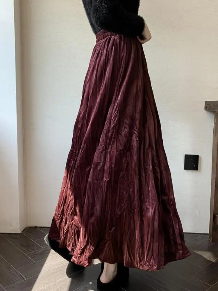 Women's High Waist Velvet Pleated Long Skirt - Black, Red & Brown Korean Style Elastic Waistband for Autumn Winter | Elegant Party, Vacation & Office Wear