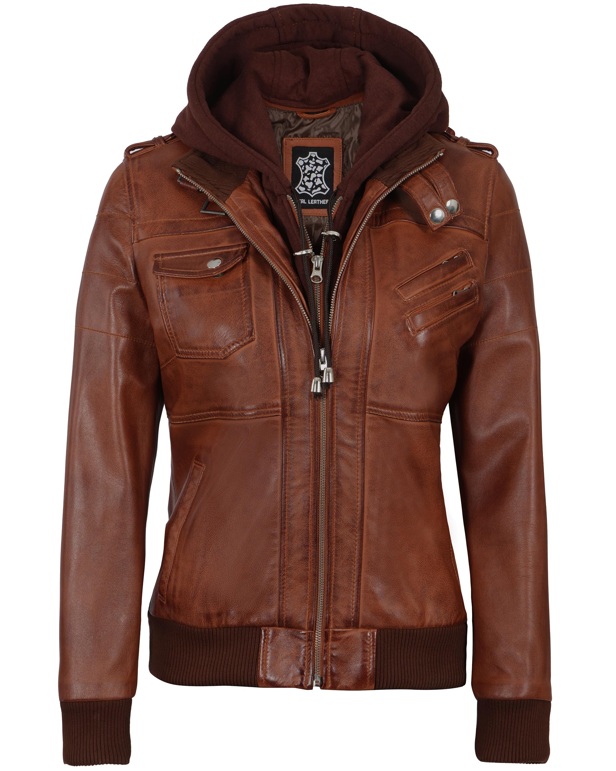 Decrum Genuine Leather Jacket for Women - Detachable Hood Bomber Jacket | Fall & Winter Fashion Outerwear | Perfect for Casual Wear, Date Nights & Outdoor Adventures