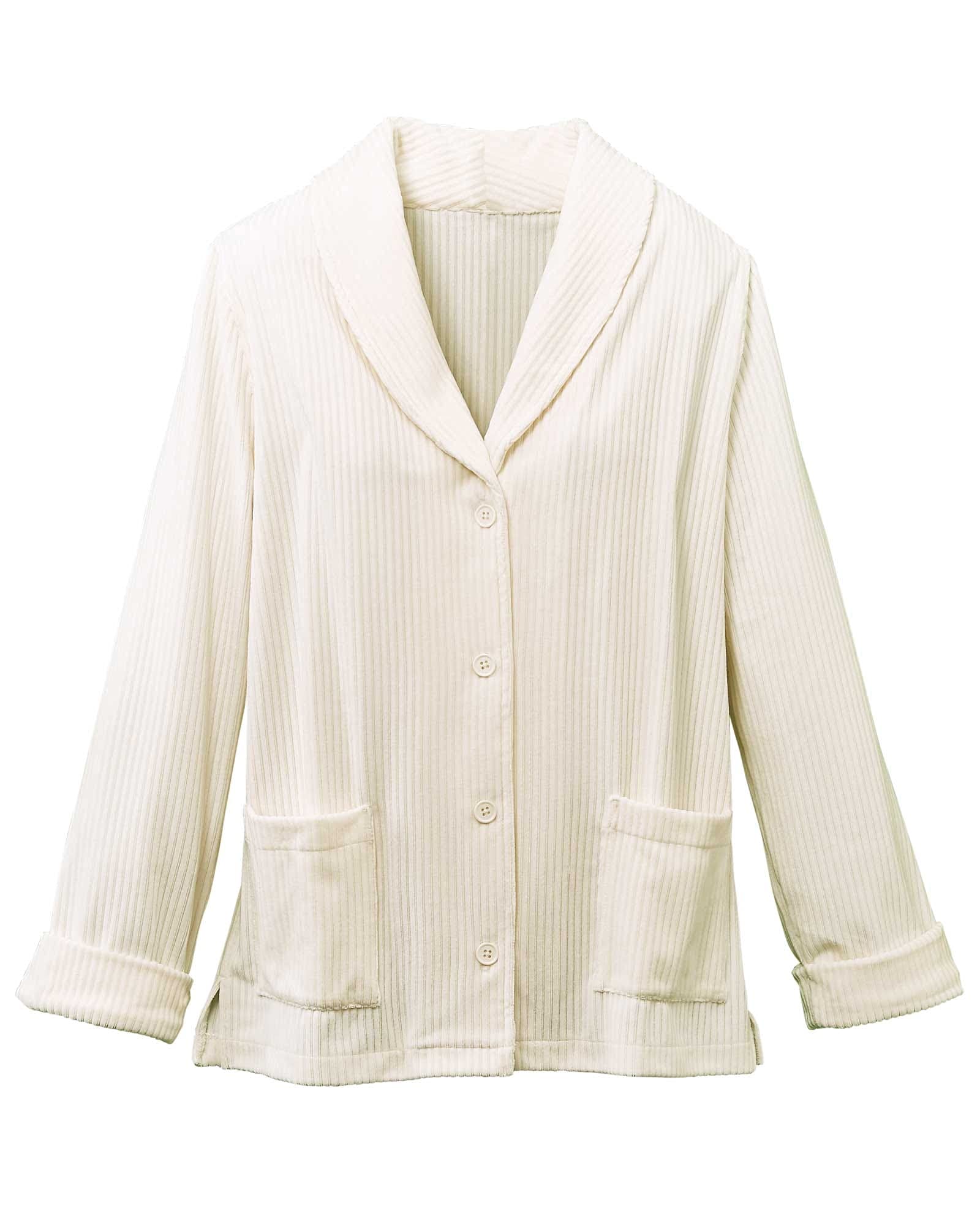 Velvety Soft Ottoman Velour Lounge Jacket - Stretch Comfort, Button-Front Design with Roomy Patch Pockets | Cozy Home Wear, Relaxing Evenings & Loungewear Essential