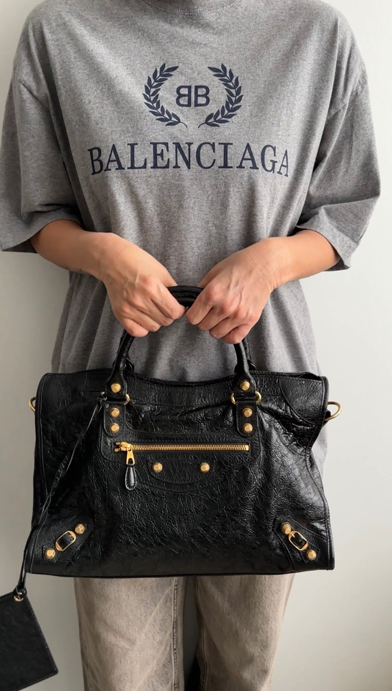 Balenciaga Grey T-Shirt with Navy College Logo - Men's Casual Cotton Tee in Sizes S/M/L - Perfect for Streetwear & Everyday Outfits