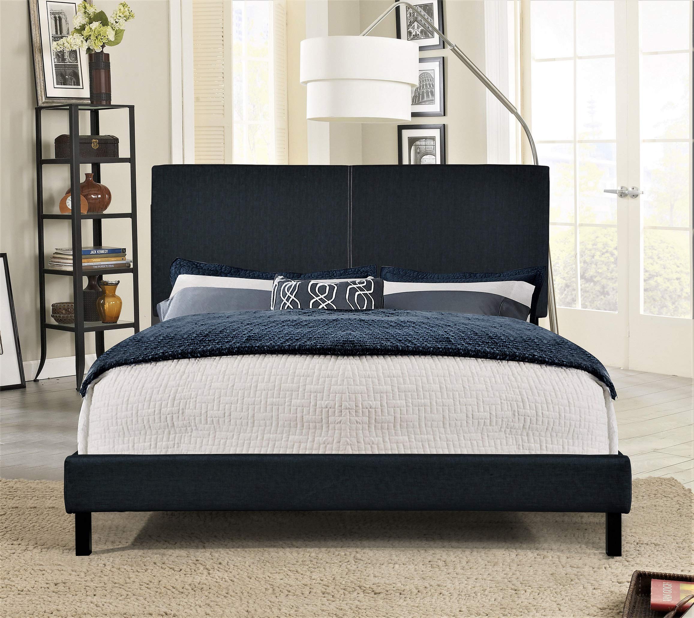 Premium US Pride Furniture Queen Size Bed Frame - Dark Blue Upholstered Headboard for Modern Bedroom Decor | Perfect for Master Bedrooms, Guest Rooms & Apartments
