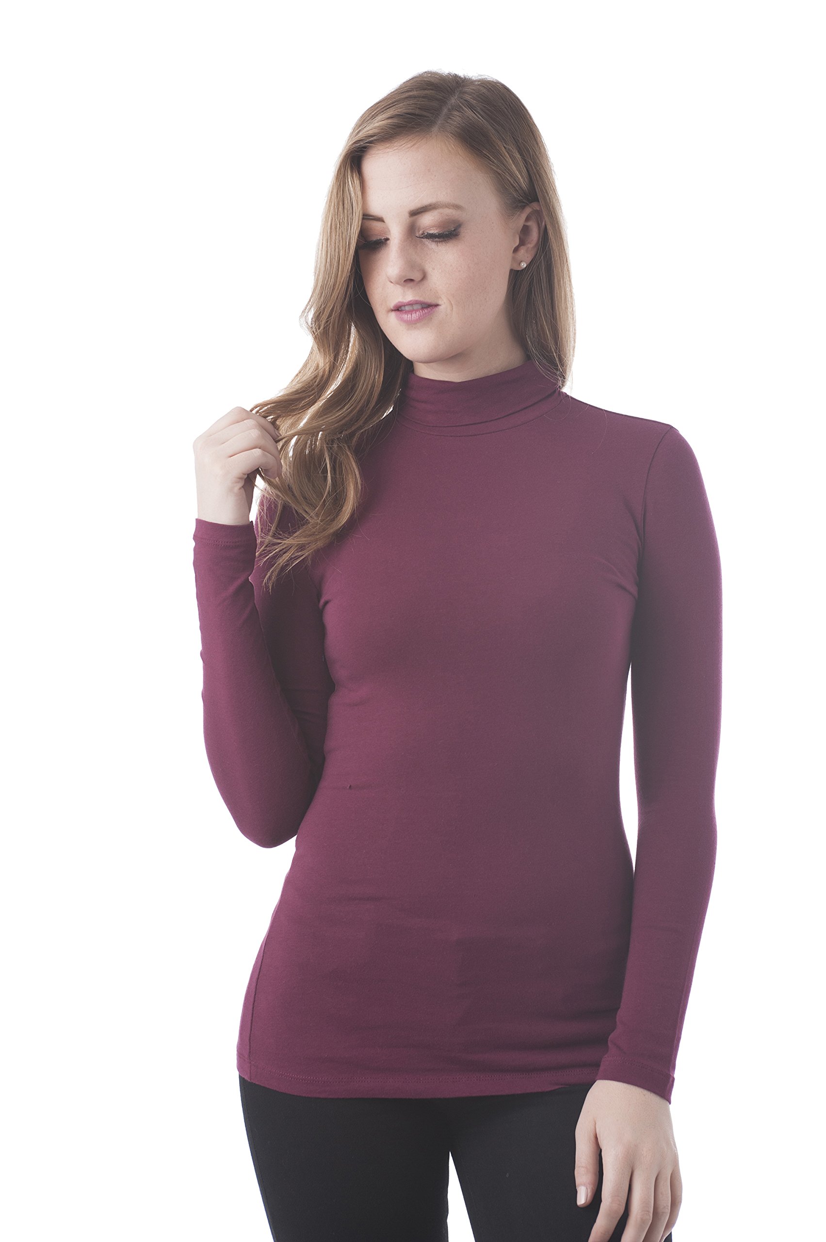Women's Long Sleeve Plain Funnel Neck T-Shirt - Casual Comfort Stretch Cotton Top for Everyday Wear, Work & Layering