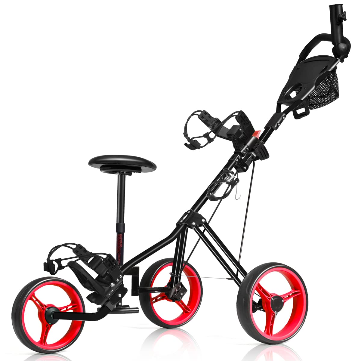 Best 3 Wheel Folding Golf Push Cart - Lightweight Collapsible Golf Trolley with Seat, Foot Brake & Umbrella Holder - Adjustable 4-Position Handle for Golf Clubs - Perfect for Golf Course, Driving Range & Outdoor Practice