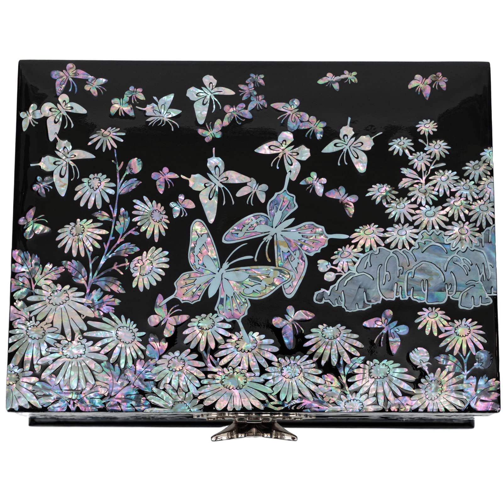 February Mountain Mother of Pearl Jewelry Box - 2 Layer Jewelry Organizer for Earrings, Rings, Necklaces, Bracelets & Watches | Perfect Gift for Women, Birthday, Anniversary, Valentine's Day (Siberian Chrysanthemum with Butterflies Design) | Elegant Storage for Dresser, Vanity or Travel