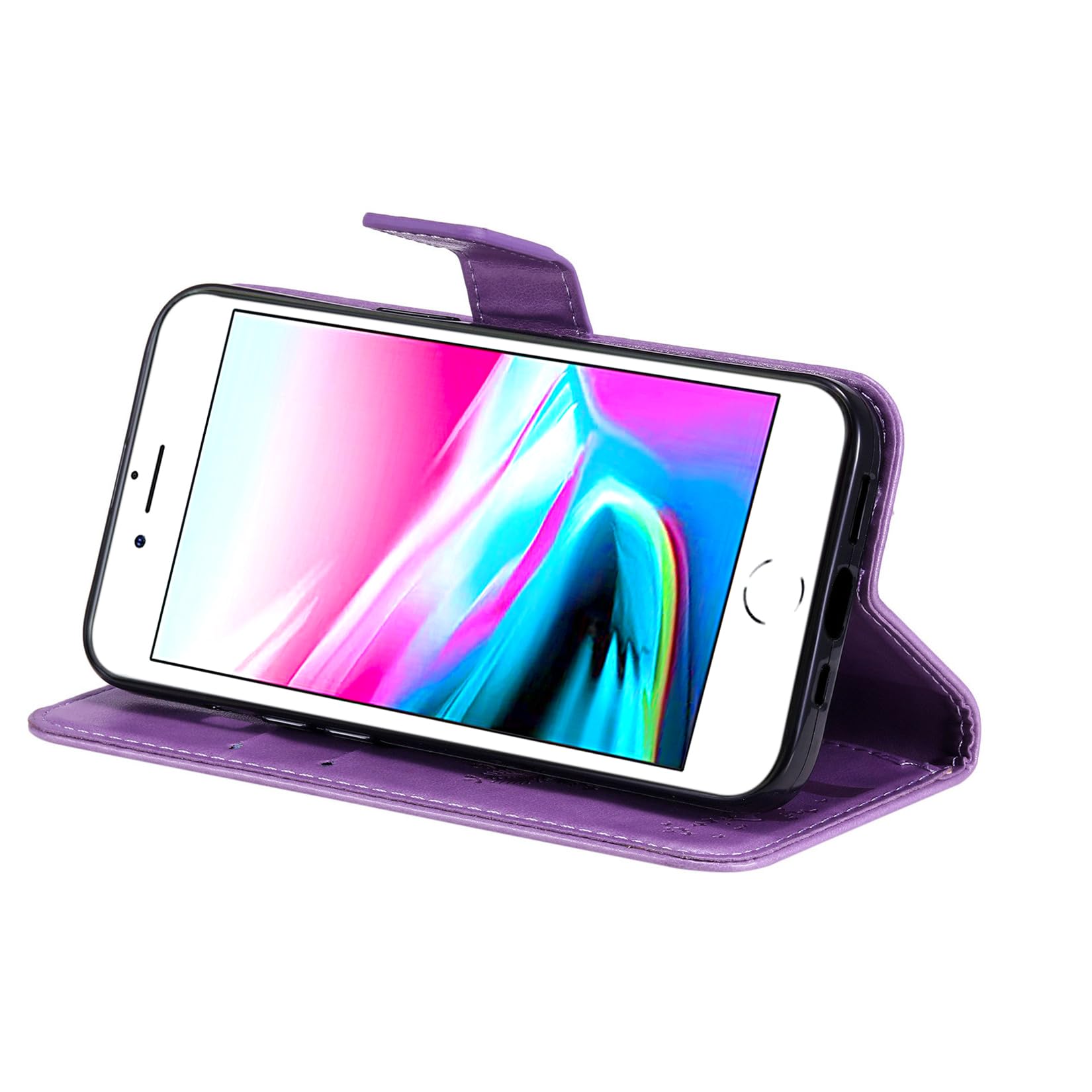 Premium Leather Wallet Case for iPhone SE 2022/2020 & iPhone 8/7 - Magnetic Flip Cover with Card Slots, Shockproof Protection & Stand Feature (Purple) | Perfect for Business Travel, Daily Commute & Hands-Free Viewing