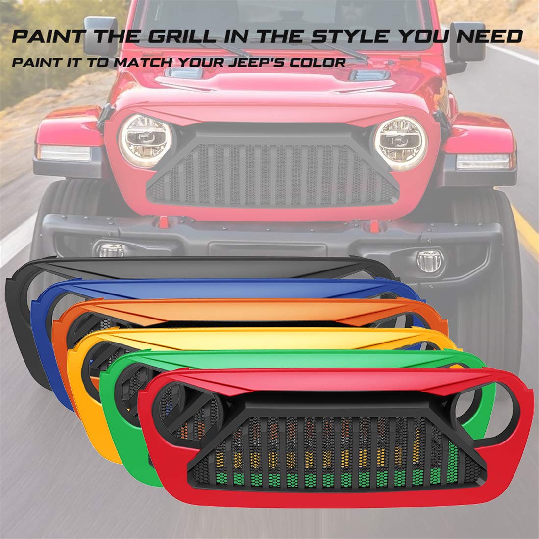 KIWI MASTER Front Grill for Jeep Gladiator JT 2018-2025 & Wrangler JL Accessories - Matte Black Paintable Bumper Mesh Grille | Off-Road Upgrade & Customization