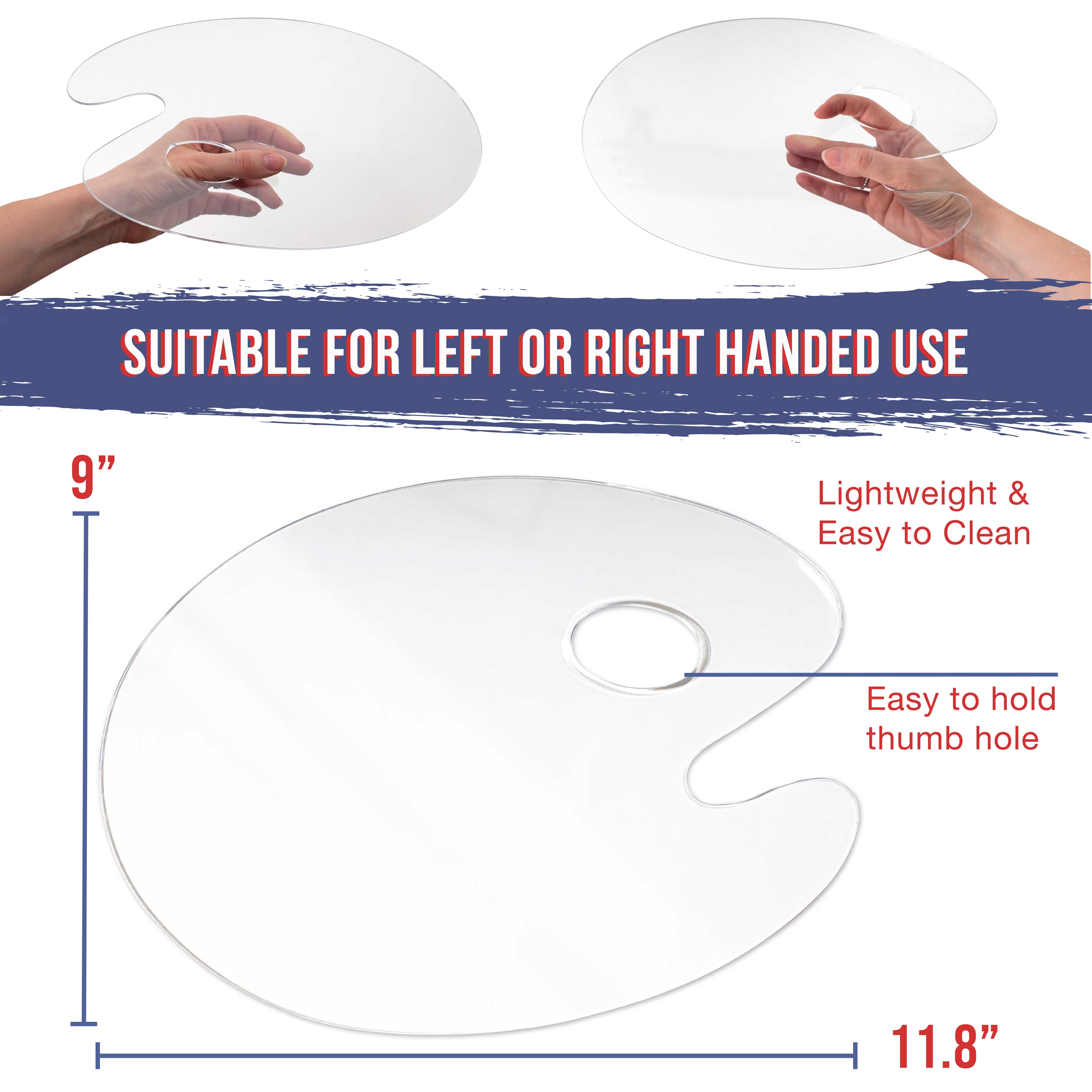U.S. Art Supply 9 x 11.8 Inch Clear Oval Acrylic Painting Palette (Pack of 2) - Transparent Plastic Artist Paint Mixing Trays - Non-Stick Surface - Perfect for Oil, Acrylic & Watercolor Painting