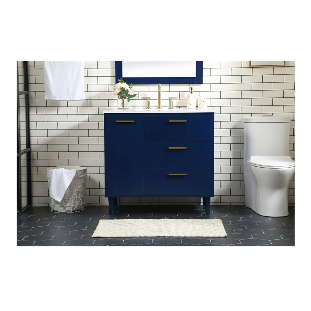 VF47036MBL 36 x 22 Inch White Floor Mount Vanity Top with Faucet Hole & Blue 3-Drawer Vanity Base - Perfect for Bathroom Remodeling and Small Space Solutions