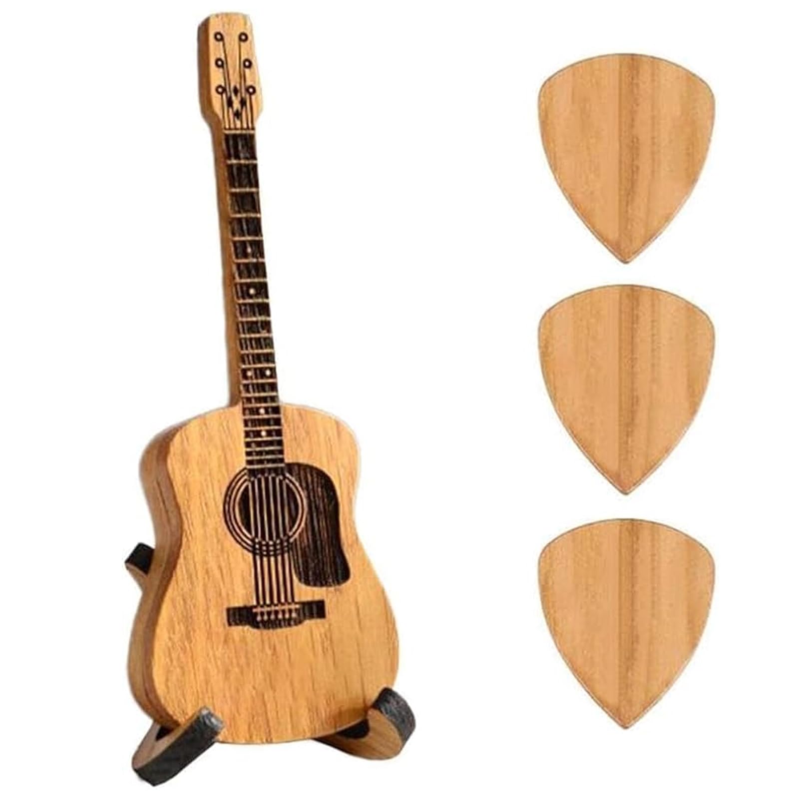 Wooden Guitar Pick Box with Stand - 3 Unique Engraved Guitar Picks, Mini Storage Case for Guitarists & Musicians, Acoustic/Electric Bass/Ukulele Plectrum Holder - Perfect Gift for Music Lovers & Home Studio Organization