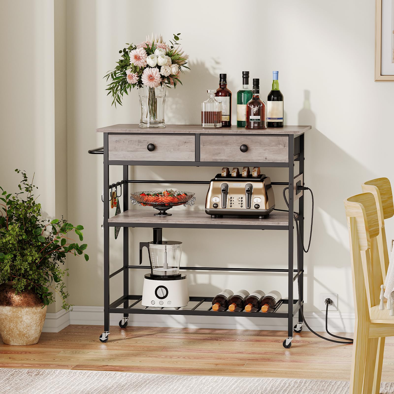 HOOBRO 3-Tier Kitchen Island Cart with Storage, 2 Drawers & Power Outlet - Mobile Coffee Station, Microwave Stand & Work Table for Small Spaces - Greige & Black (BG08UZD01) - Perfect for Apartments, Dorms & Compact Kitchens