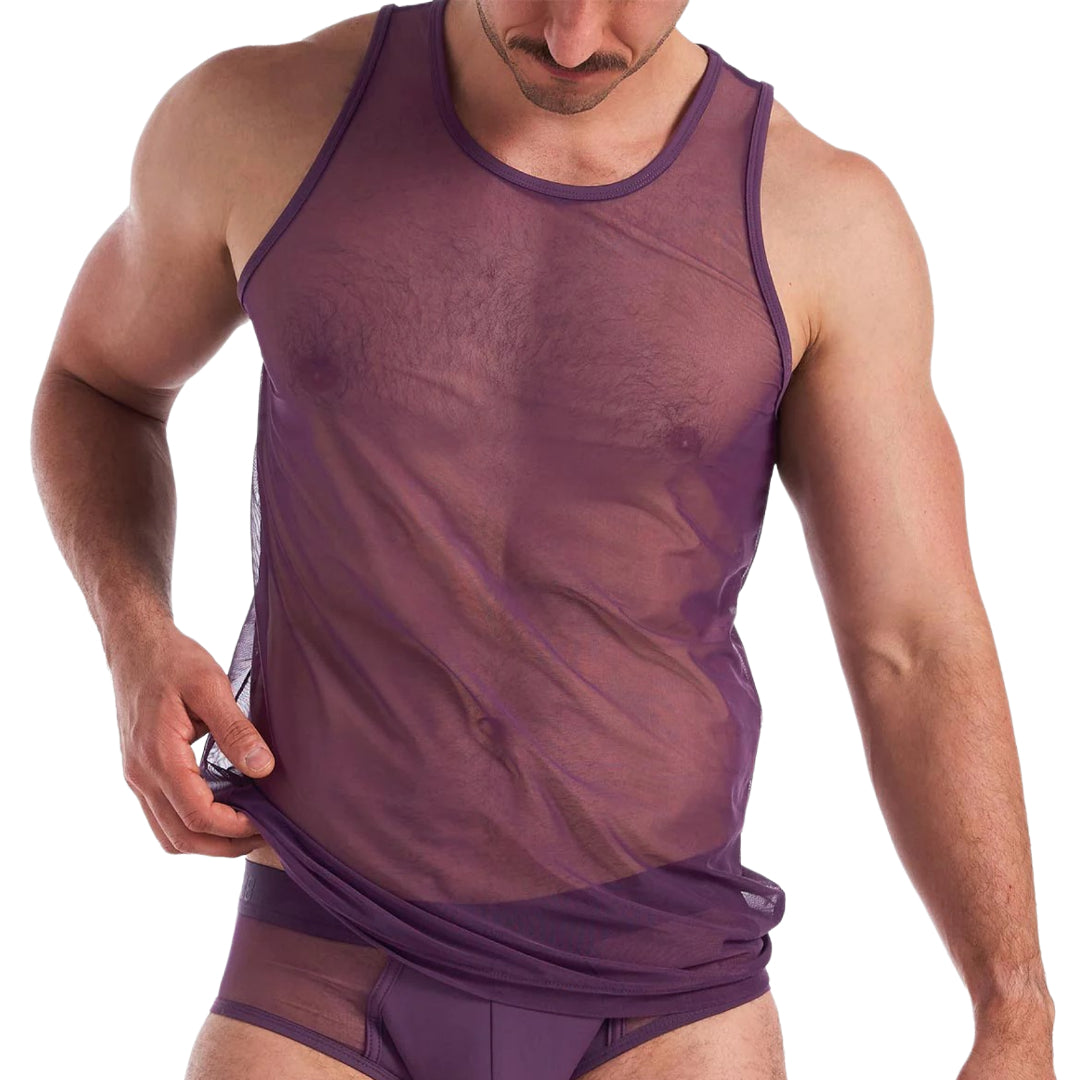 Teamm8 Score Sheer Tank Top - Breathable Mesh Fabric in Plum Purple - Perfect for Yoga, Running & Gym Workouts