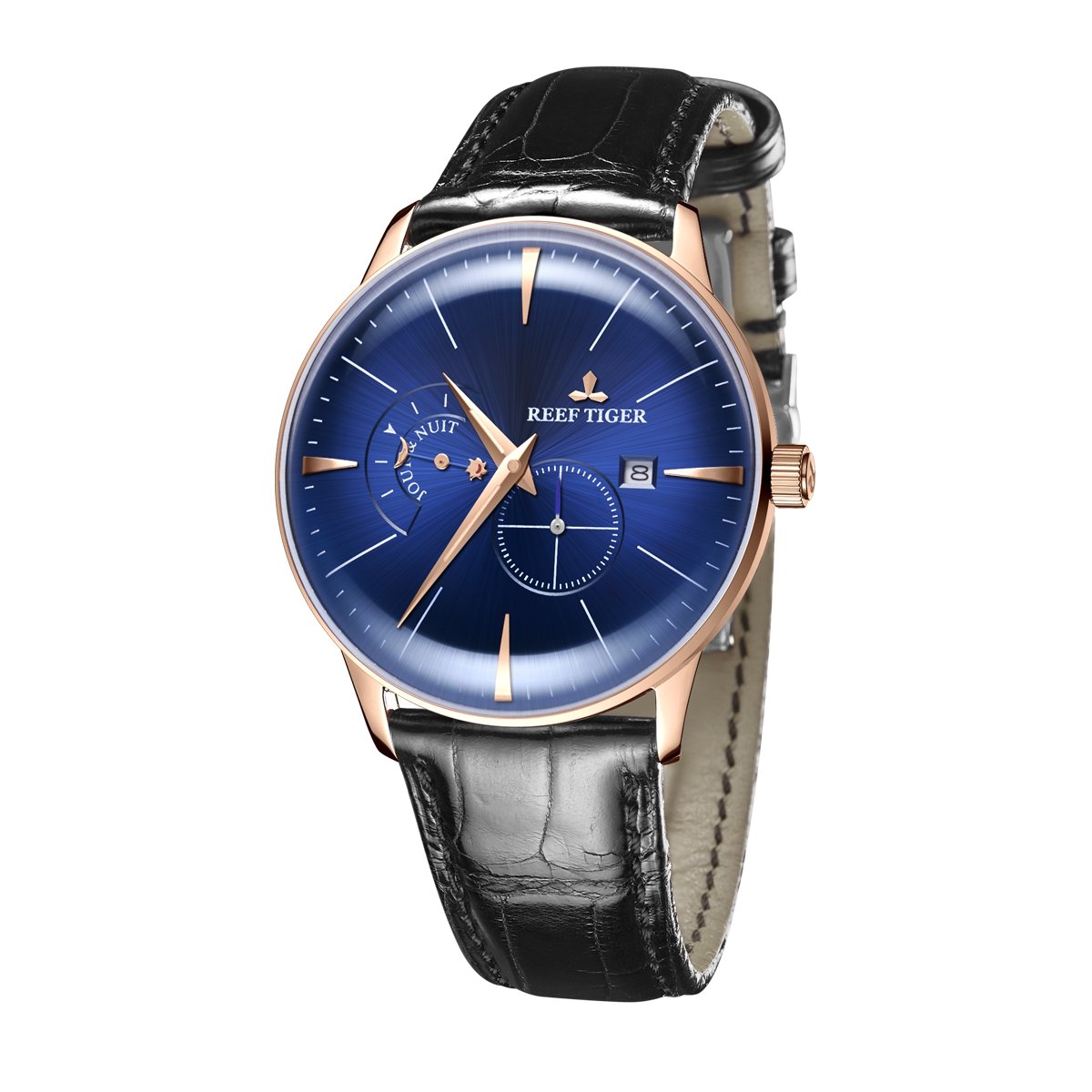 REEF TIGER Luxury Automatic Dress Watch for Men - Blue Dial, Waterproof Analog Wristwatch, Stainless Steel Case (Model RGA8219-PLB) | Perfect for Business, Formal Events & Special Occasions