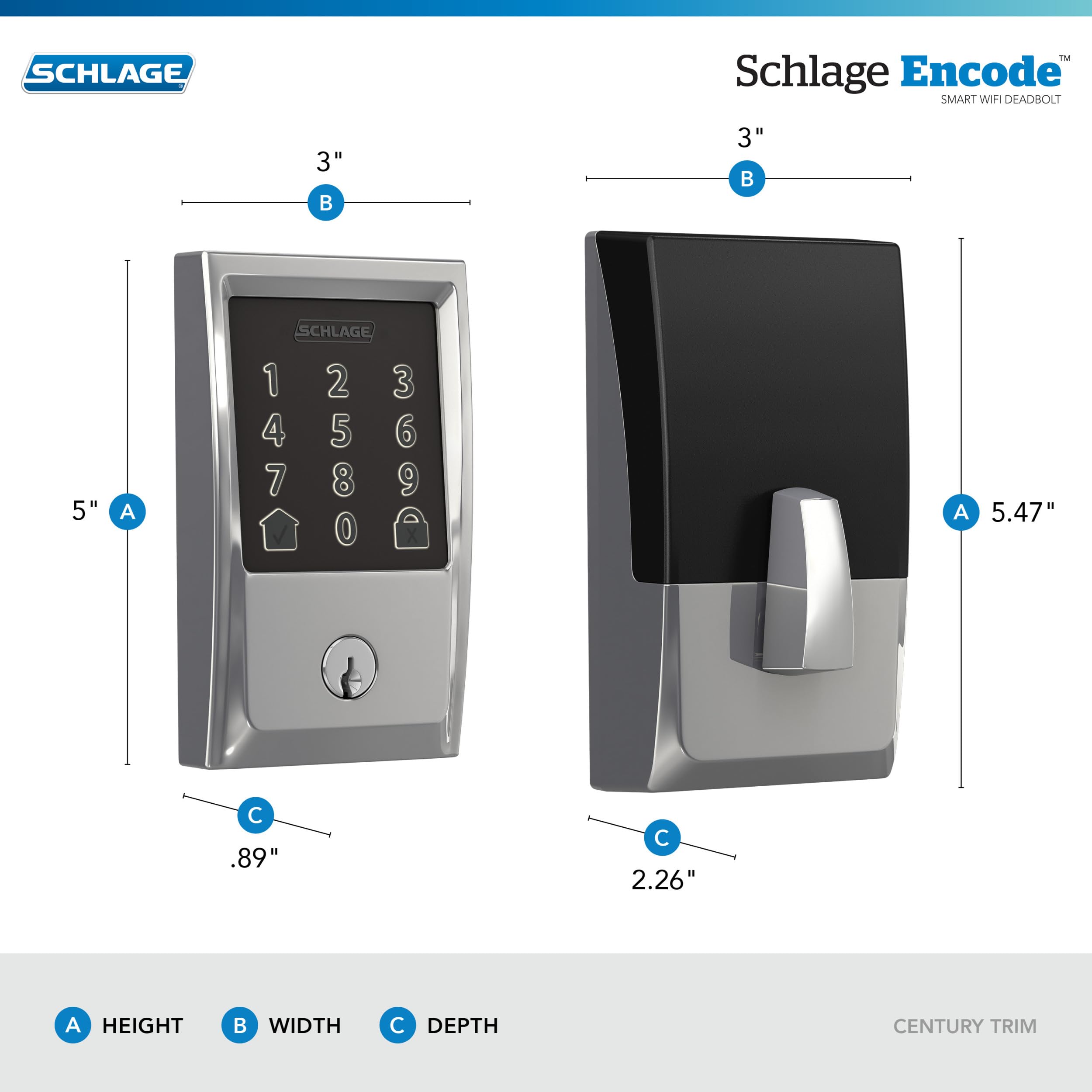 Schlage Encode Smart WiFi Deadbolt with Century Trim in Bright Chrome - Keyless Entry Smart Lock for Home Security | Ideal for Front Doors, Vacation Homes & Rental Properties