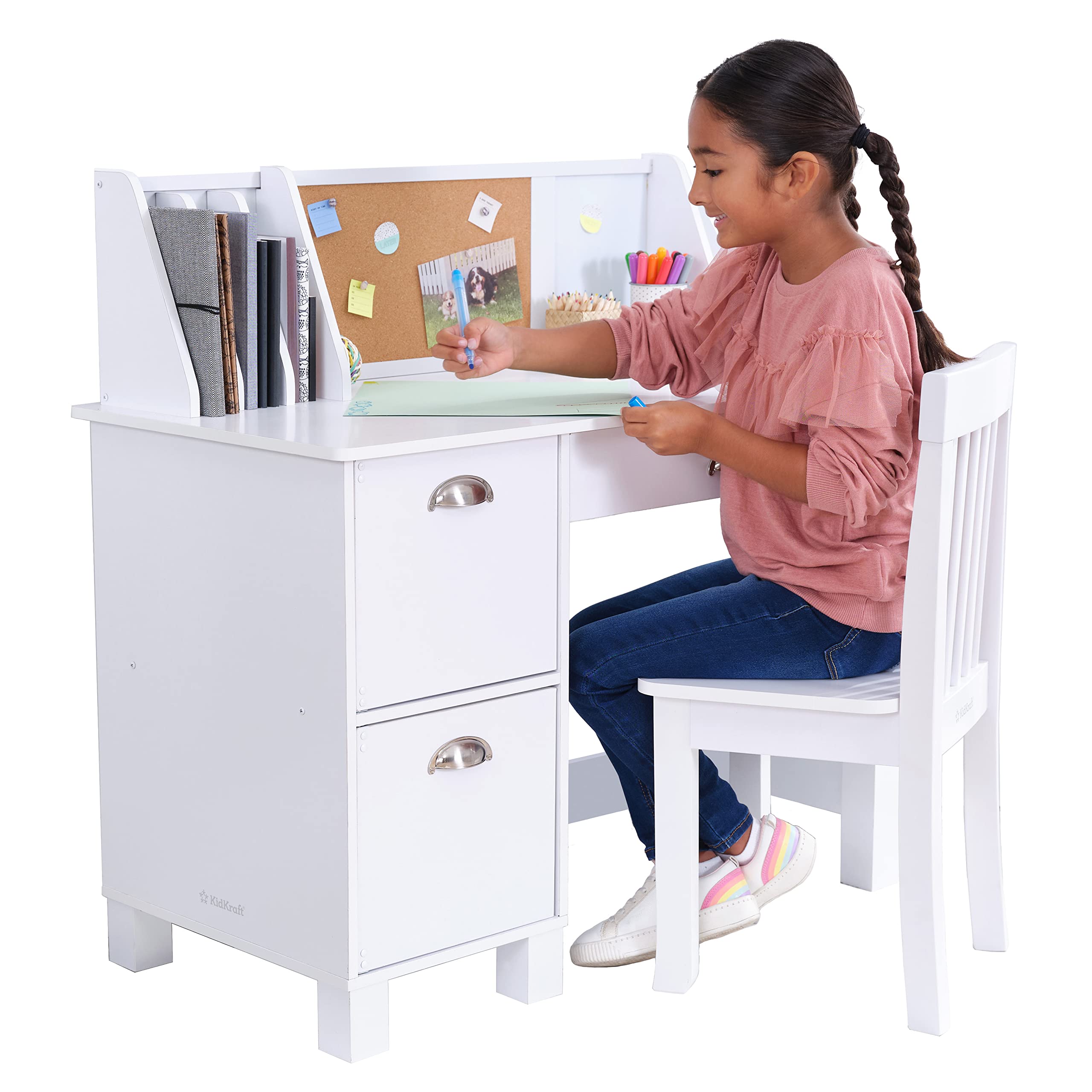 KidKraft White Wooden Study Desk with Chair, Bulletin Board & Storage Cabinets for Kids Ages 5-10 - Perfect Homework Station for Bedroom, Homeschooling & Gift for Boys Girls