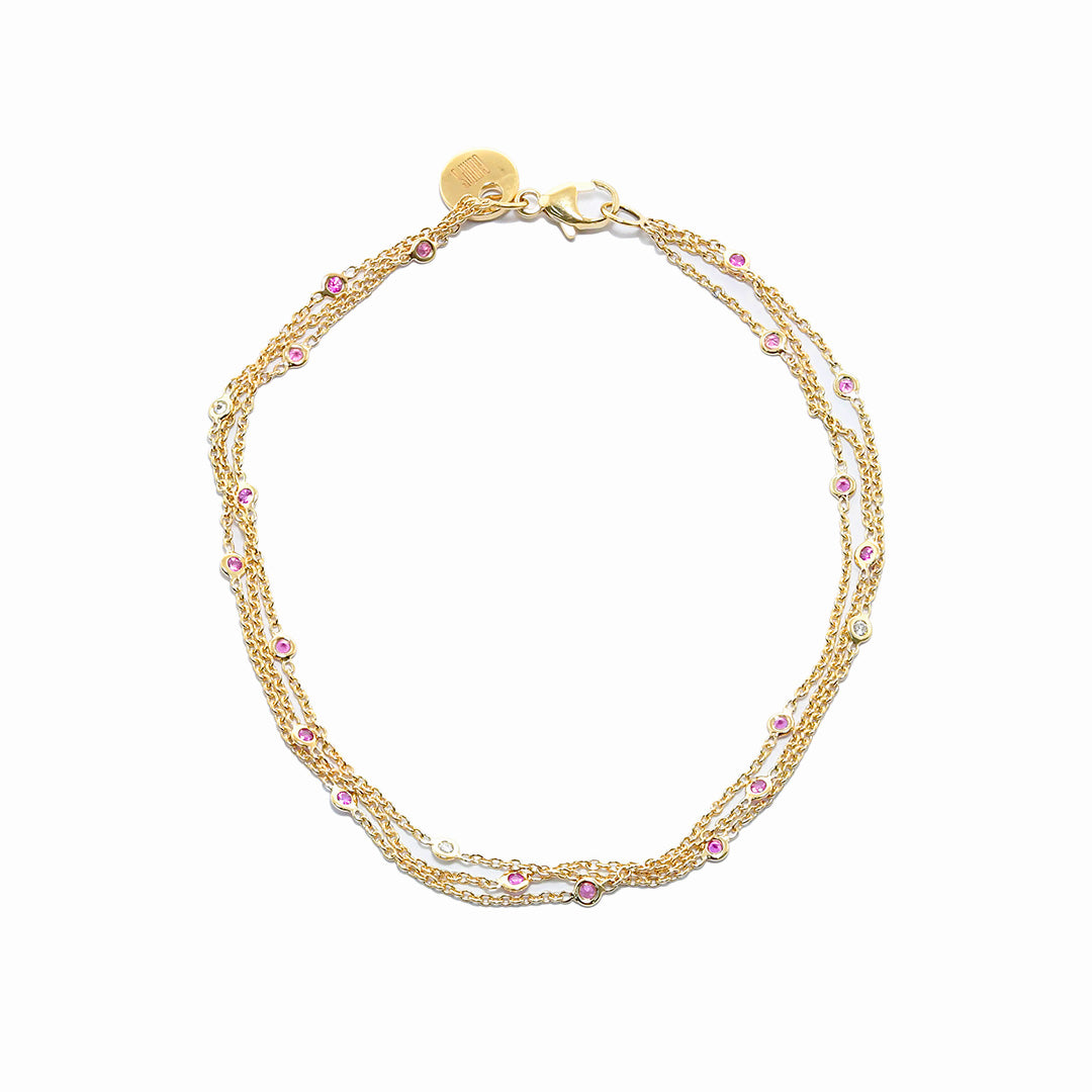 Pink Sapphire & Diamond Triple Chain Bracelet for Women – Elegant Jewelry Gift for Birthday, Anniversary & Special Occasions