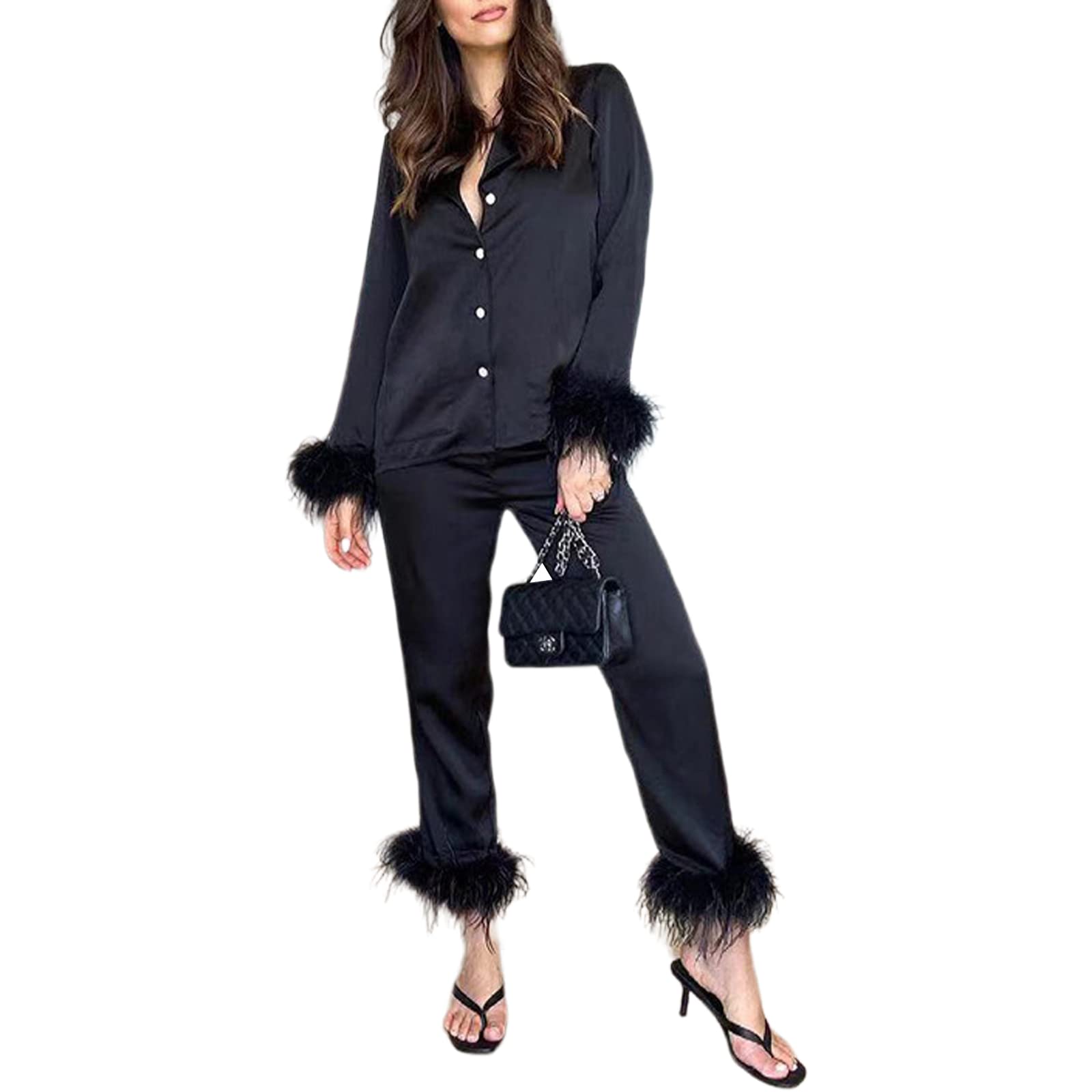 Women's 2-Piece Feather Pajama Set - Long Sleeve Shirt & Pants for Sleep & Lounge