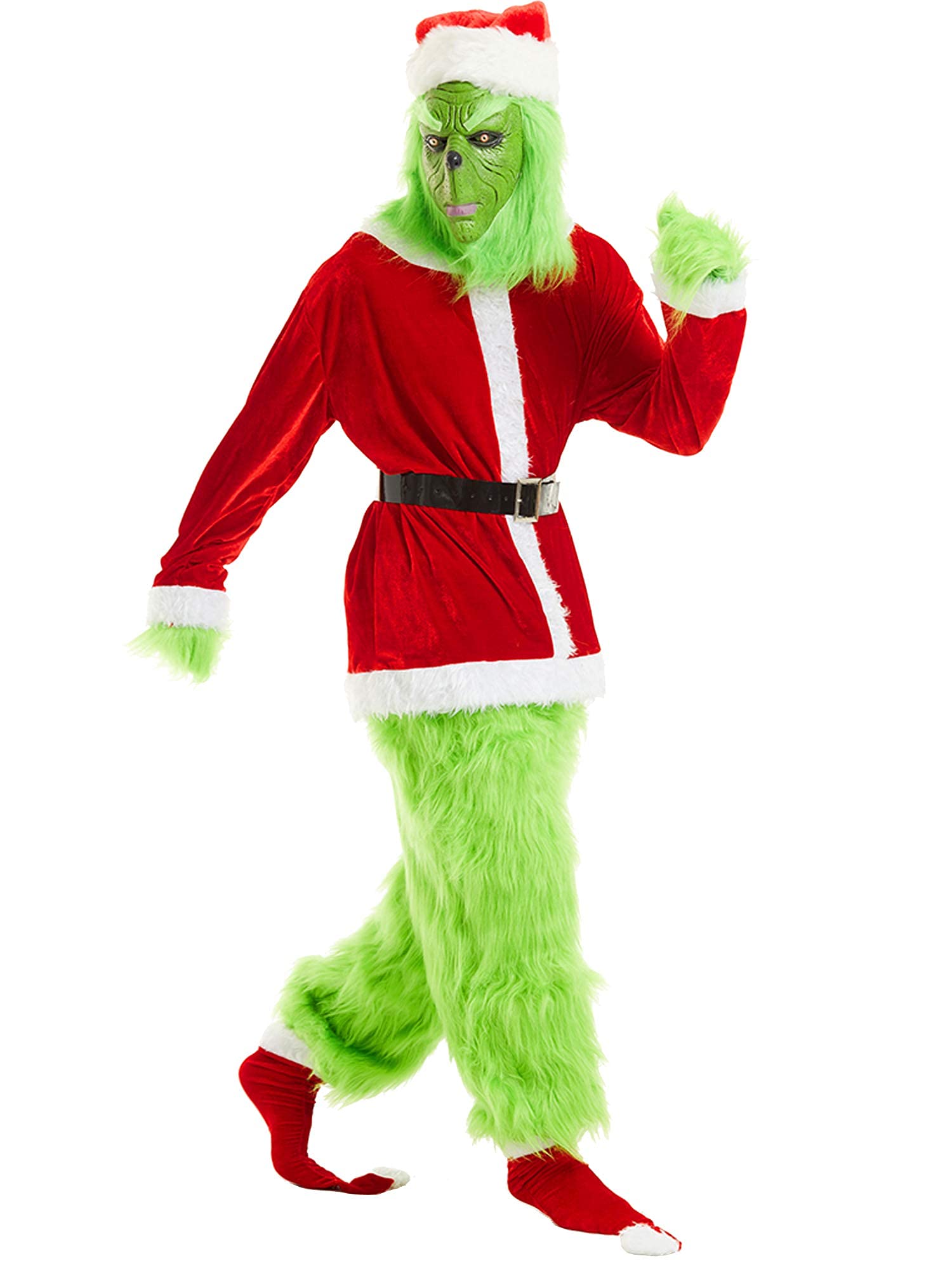Deluxe 7-Piece Green Christmas Monster Santa Costume Set with Mask - Funny Adult Cosplay Outfit for Halloween, Christmas Parties & Themed Events