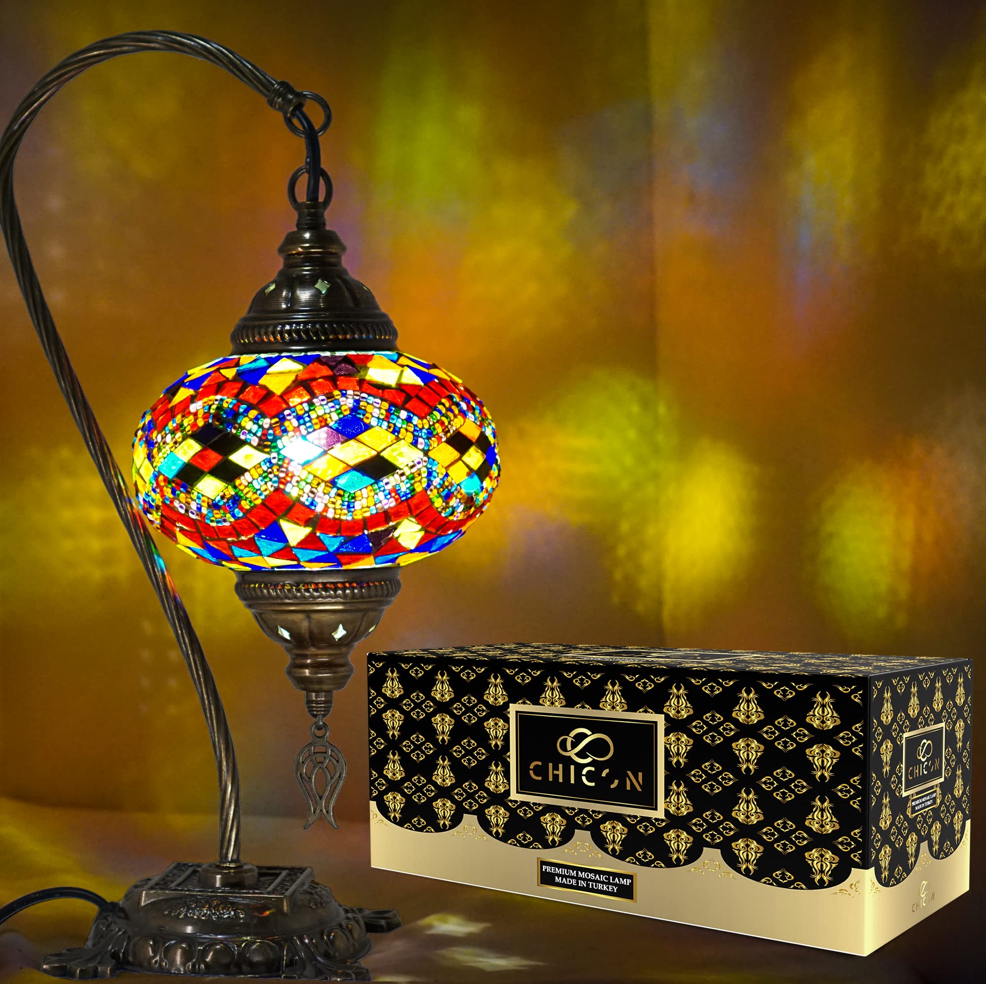 Handmade Mosaic Turkish Lamp - Genuine Glass Tiffany Style Boho Table Lamp with Moroccan Design, Vintage Swan Wave Pattern for Living Room, Bedroom & Home Decor