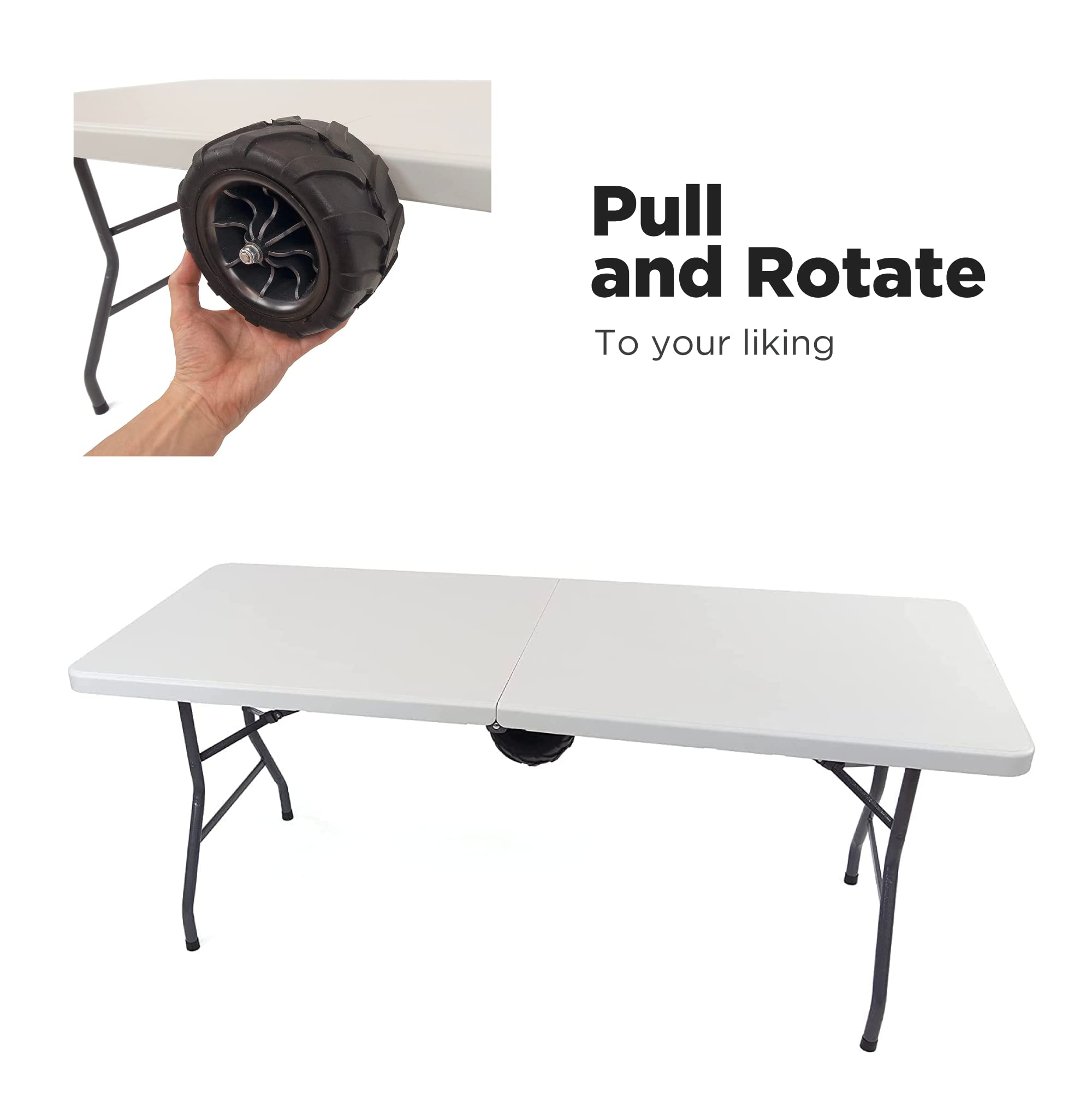 6 Ft Portable Outdoor Folding Table and Chairs Set with Built-in Wheels - Durable White & Black Plastic for Picnics, Camping & Backyard BBQs