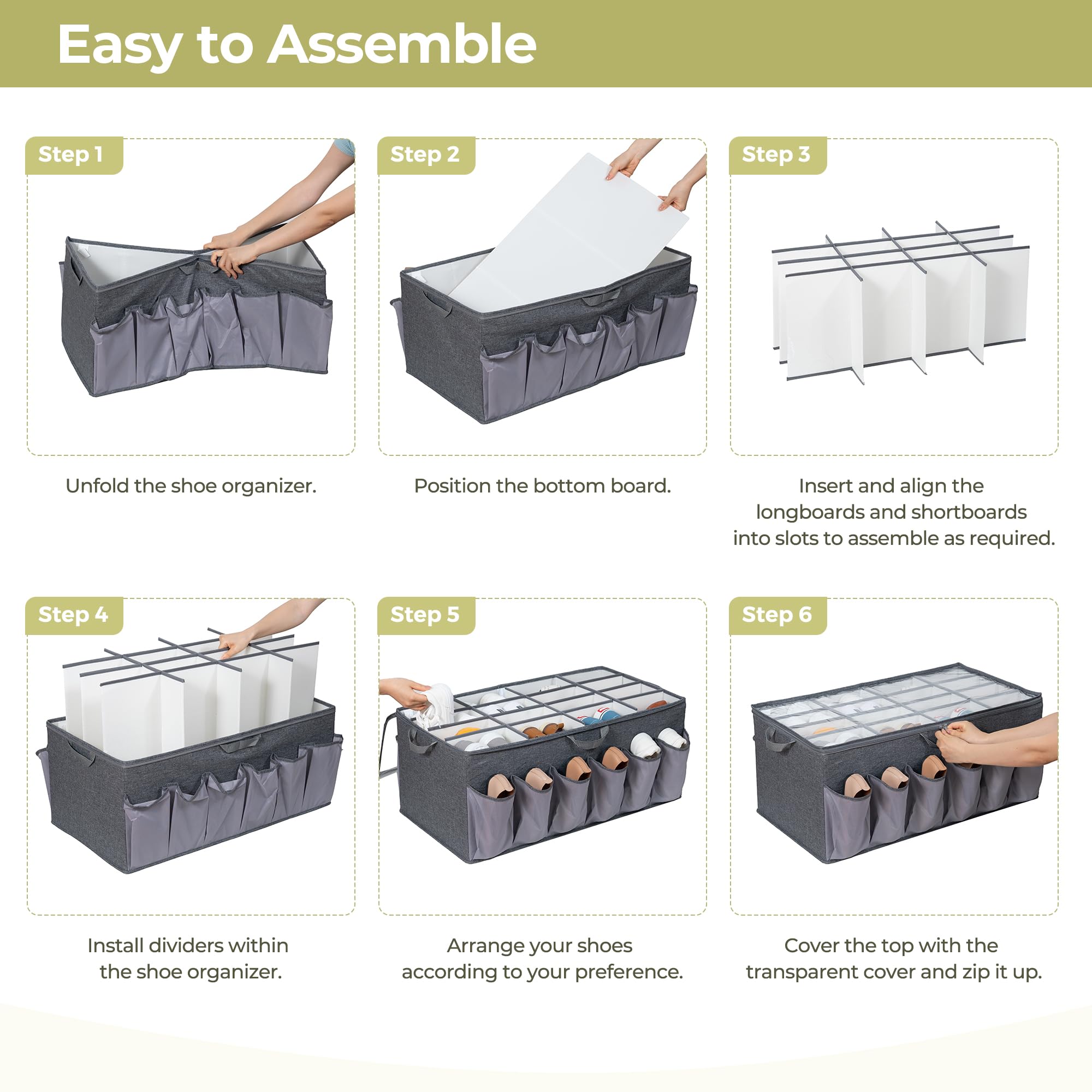 Clear View Fabric Shoe Organizer for Closet - Adjustable Shoe Storage Box with Dividers Holds 16+12 Pairs (Grey, 1-Pack) - Perfect for Bedroom, Entryway & Walk-in Closet Organization