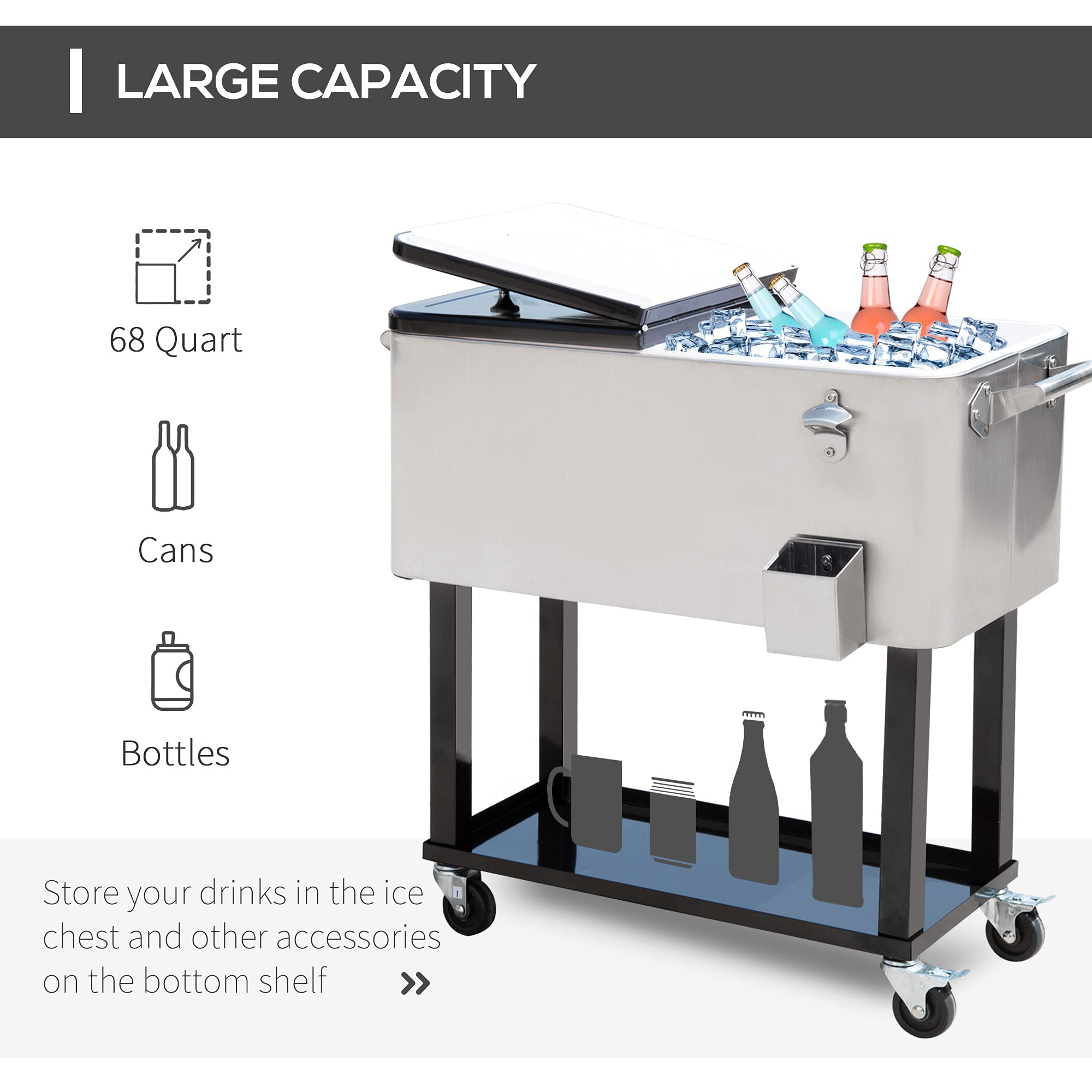 Outsunny 80 QT Rolling Cooler with Wheels - Portable Ice Chest for Outdoor Parties, Camping & Tailgating - Stand-Up Drink Cooler Cart in Silver - Perfect for BBQs, Beach Trips & Picnics
