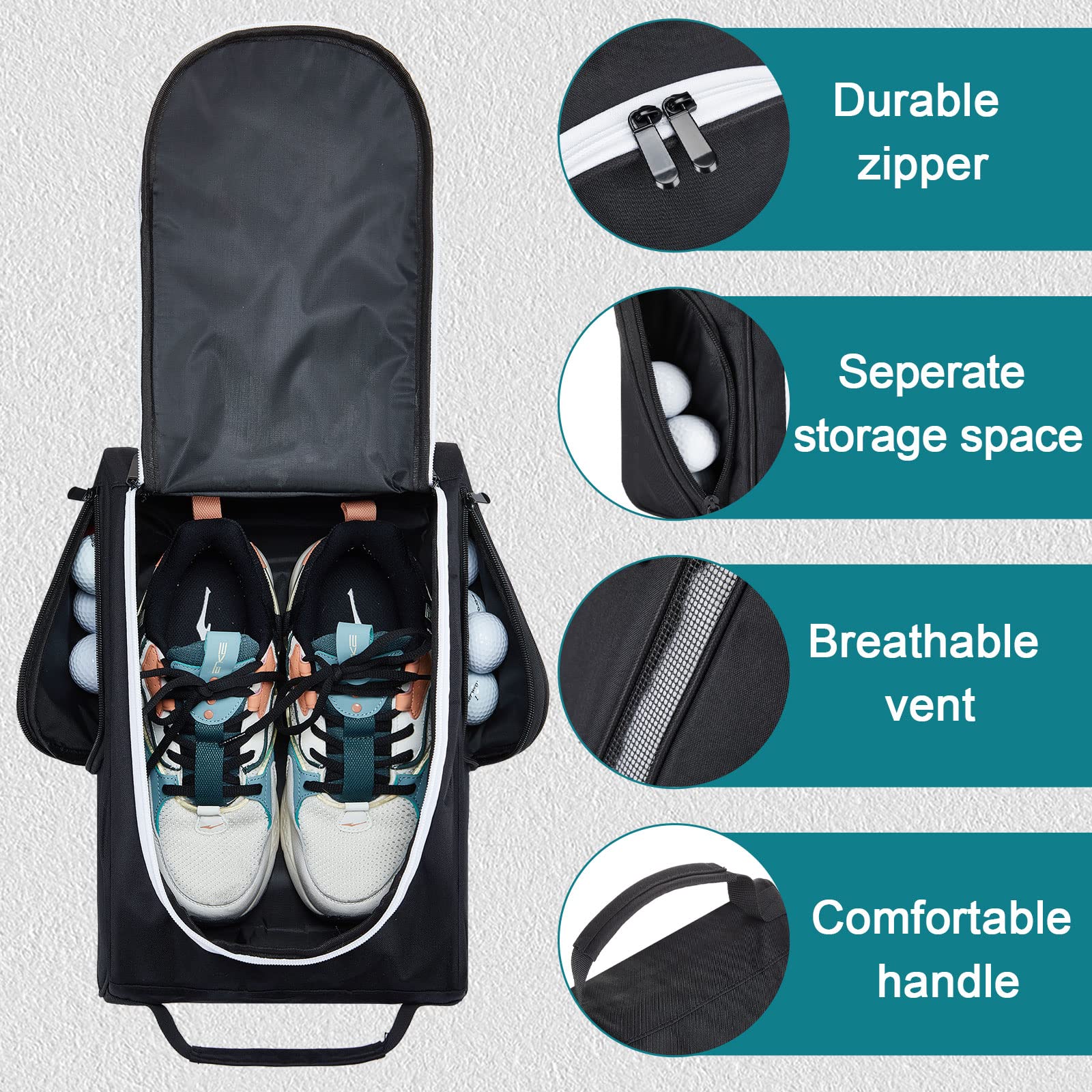Funtery 2 Pack Golf Shoe Travel Bag - Waterproof Zippered Sports Shoe Carrier with Ventilation & Exterior Pocket for Golf Balls, Tees & Socks - Lightweight Golf Accessories for Men & Women - Perfect for Travel, Gym & Golf Course Use