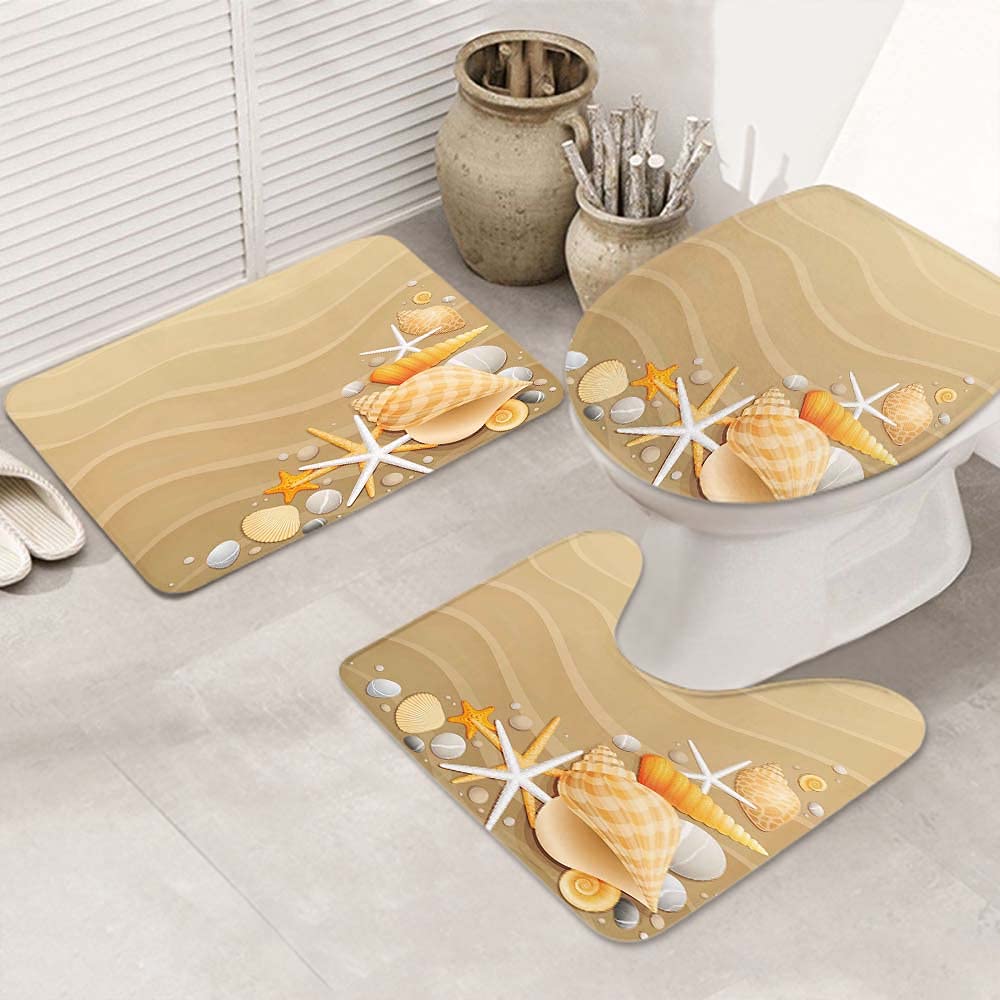 Non-Slip 3-Piece Seashell Bathroom Rug Set with Sand Wave Design - U-Shaped Contour Floor Mat & Toilet Lid Cover | Coastal Decor for Beach-Themed Bathrooms