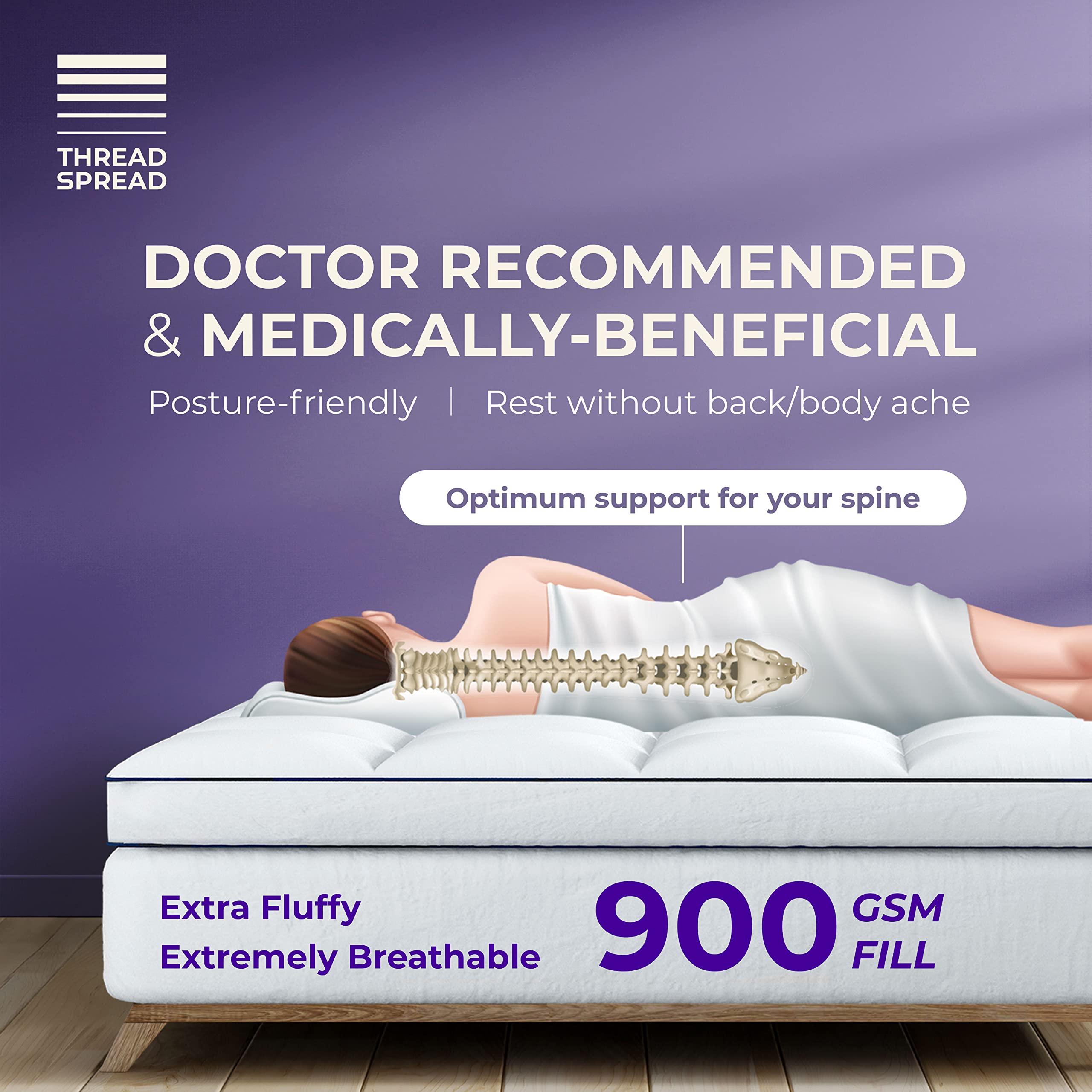 THREAD SPREAD Queen Cooling Mattress Topper - 100% Cotton Soft Fabric, Breathable Quilted Down Alternative Filling | Pillow-Top Design for Optimal Comfort & Temperature Regulation | Fits Queen Beds with Deep Pocket (16-18