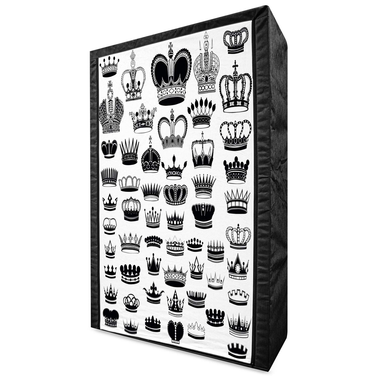 Ambesonne Queen Portable Fabric Wardrobe - 42.5 Inch Clothing Organizer with Shelves | Vintage Crown Design Black & White Storage Closet for Bedroom, Dorm, or Guest Room
