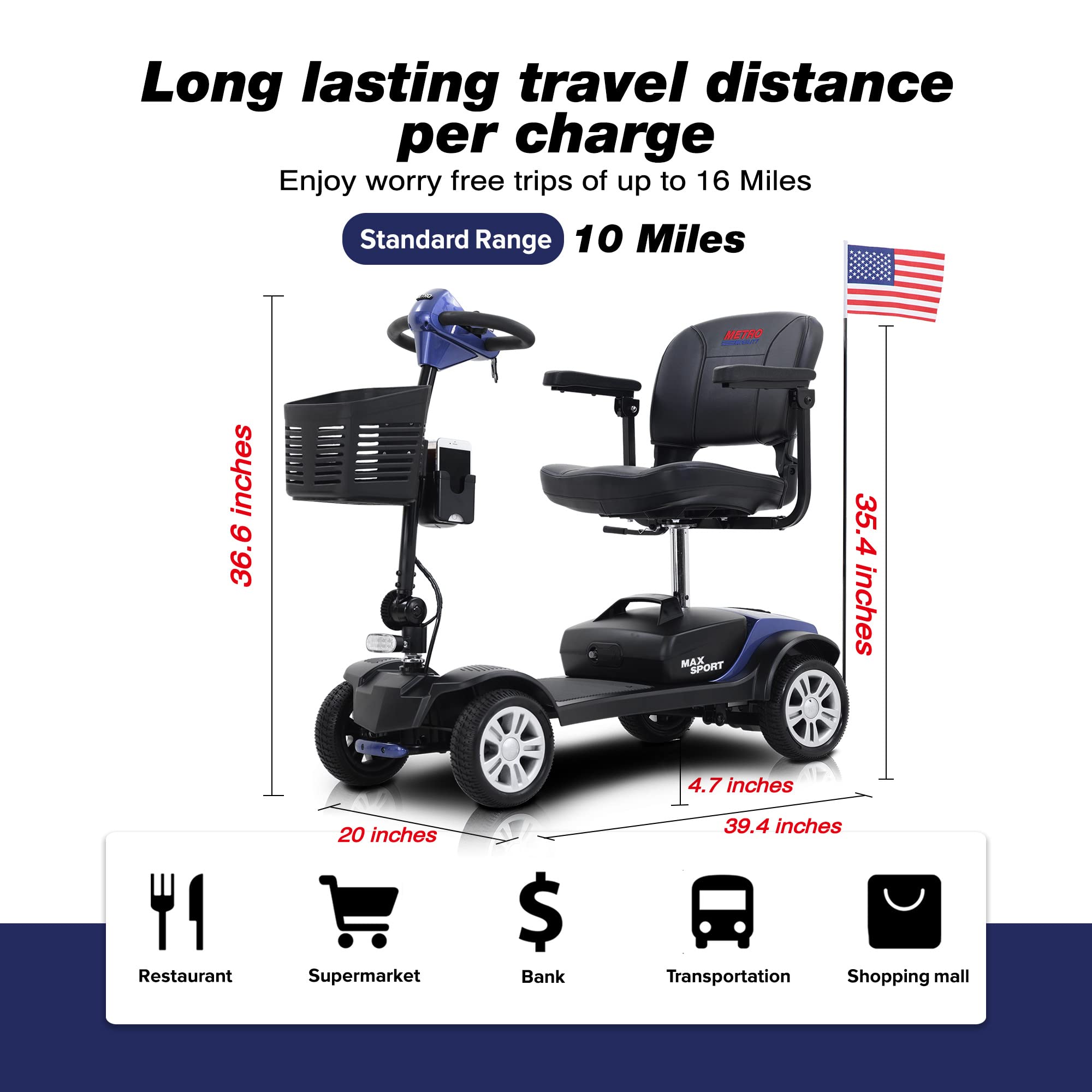 Compact Heavy Duty Folding Mobility Scooter for Seniors & Adults - 300 LBS Weight Capacity Electric Powered Wheelchair - Travel Scooter with Cup & Phone Holder (Blue) - Ideal for Outdoor Use, Shopping Malls, and Airport Travel